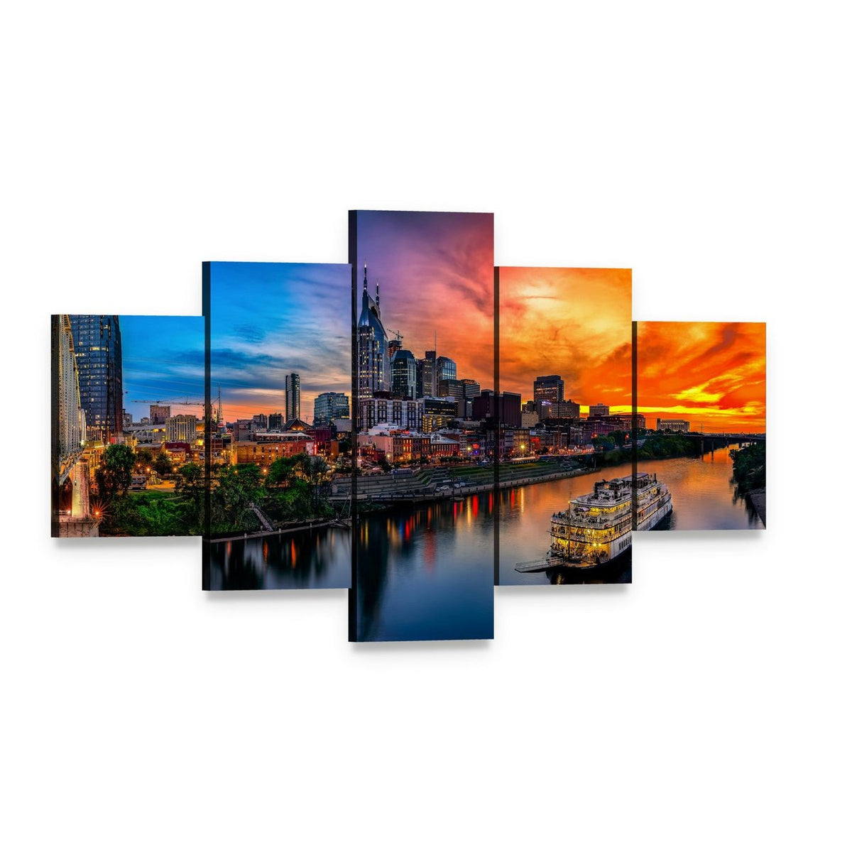 Nashville Skyline at Sunset Canvas Wall Art, 5 panel 5 Star layout gallery wrapped canvas set, angled product view