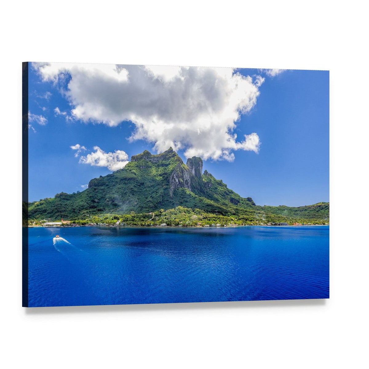 Bora Bora Mountain Over Blue Ocean Canvas Wall Art, single panel gallery wrapped canvas, angled product view