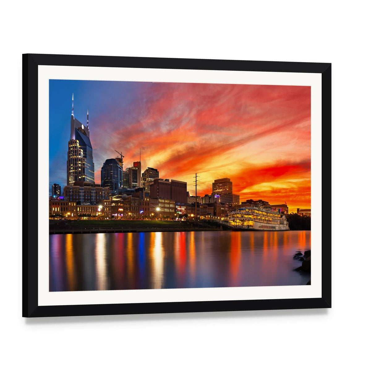 Nashville Skyline at Sunset Canvas Wall Art, framed print with white mat and black frame, angled product view