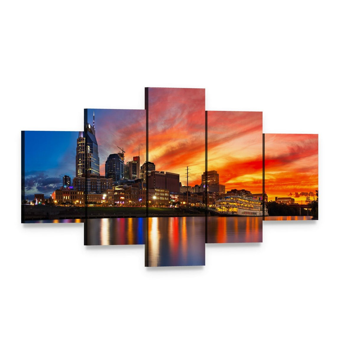 Nashville Skyline at Sunset Canvas Wall Art, 5 panel 5 Star layout gallery wrapped canvas set, angled product view