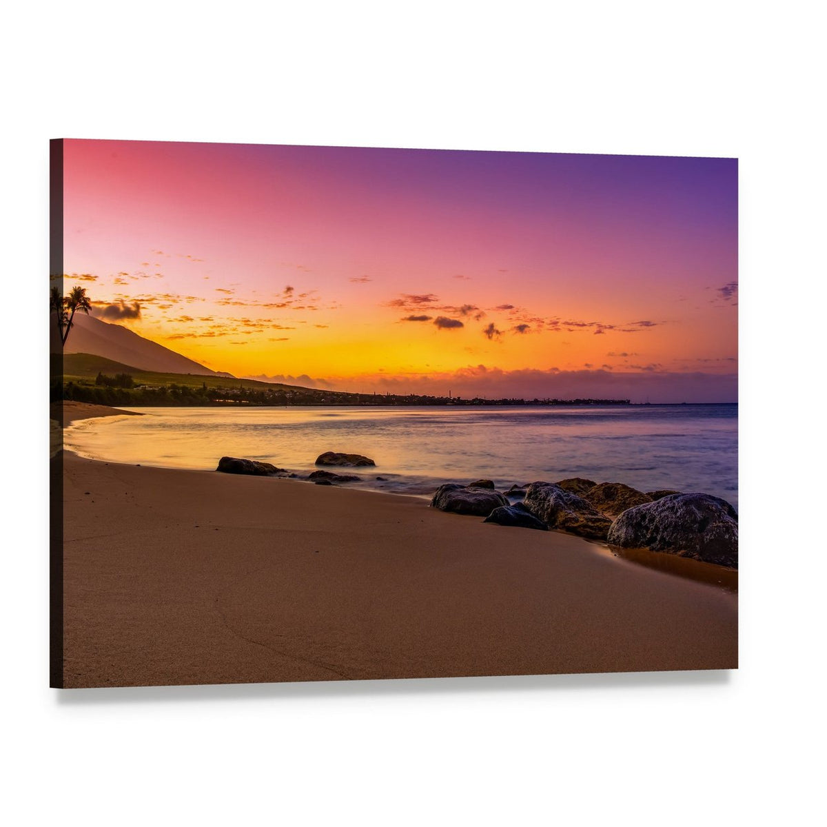 Sunset Beach with Rocks and Distant Mountains Canvas Wall Art, single panel gallery wrapped canvas, angled product view