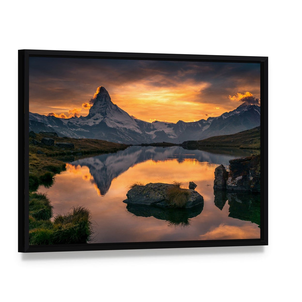 Matterhorn at Sunset Canvas Wall Art, framed canvas in a black floater frame, angled product view