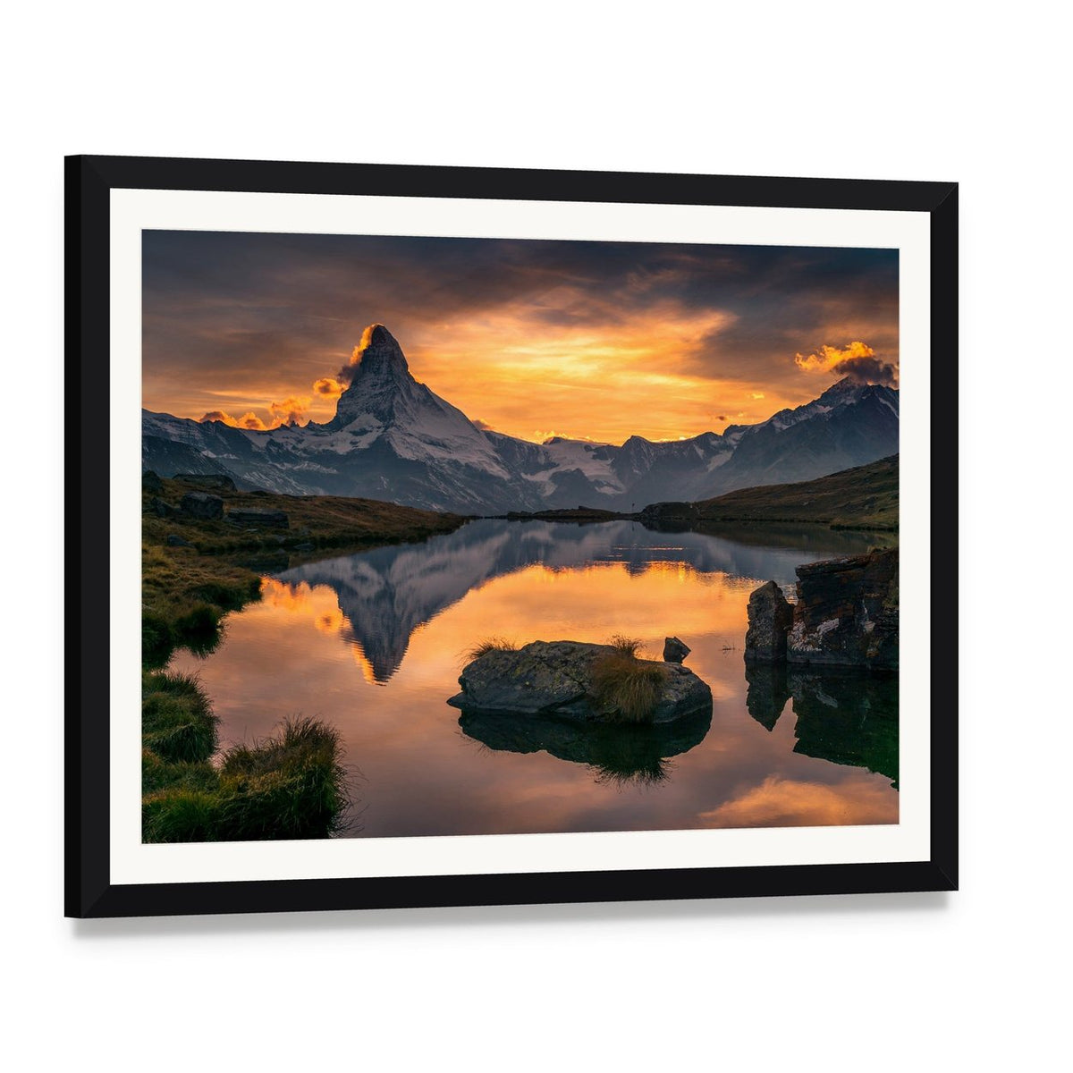 Matterhorn at Sunset Canvas Wall Art, framed print with white mat and black frame, angled product view