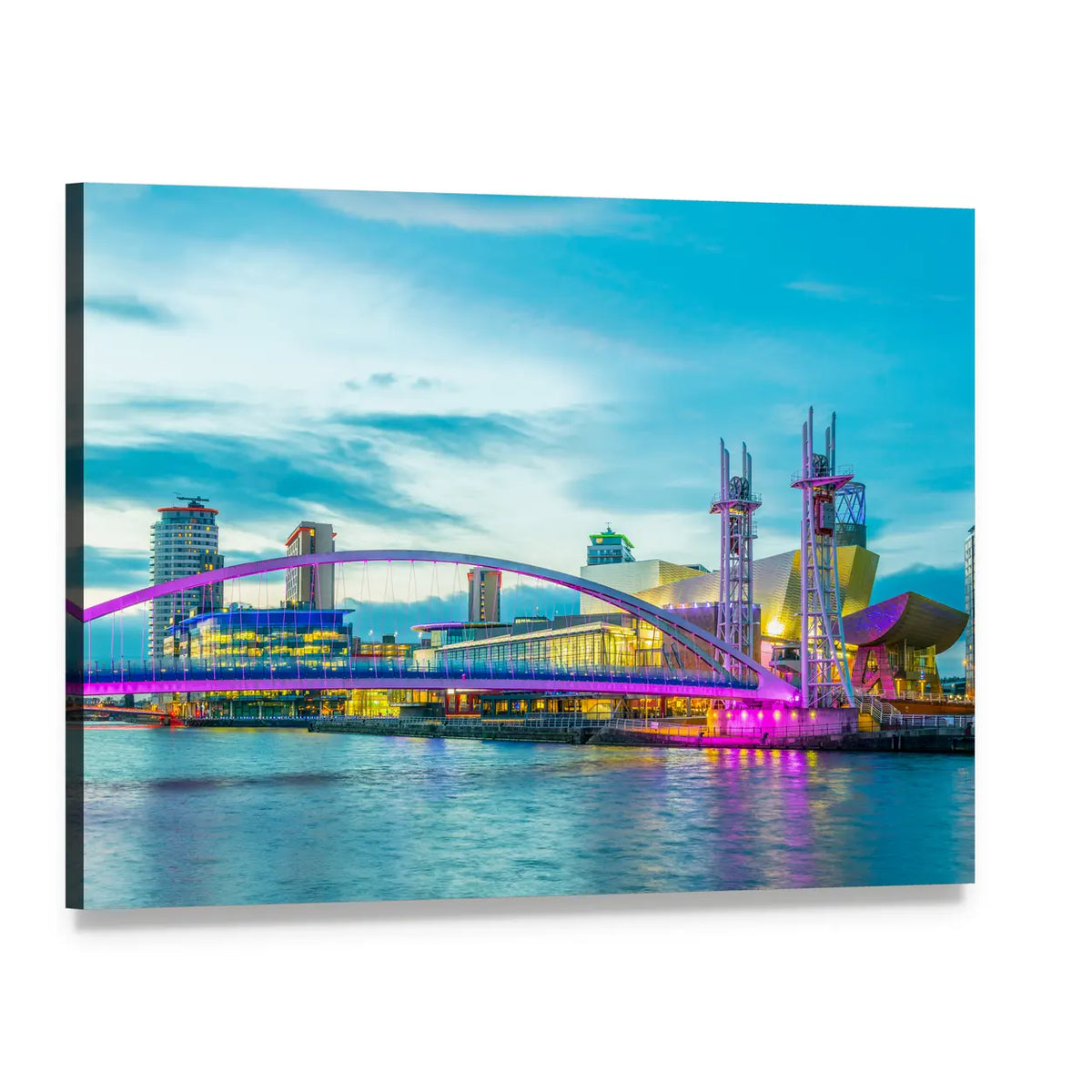 The Lowry Theater and Manchester Skyline Canvas Wall Art, single panel gallery wrapped canvas, angled product view