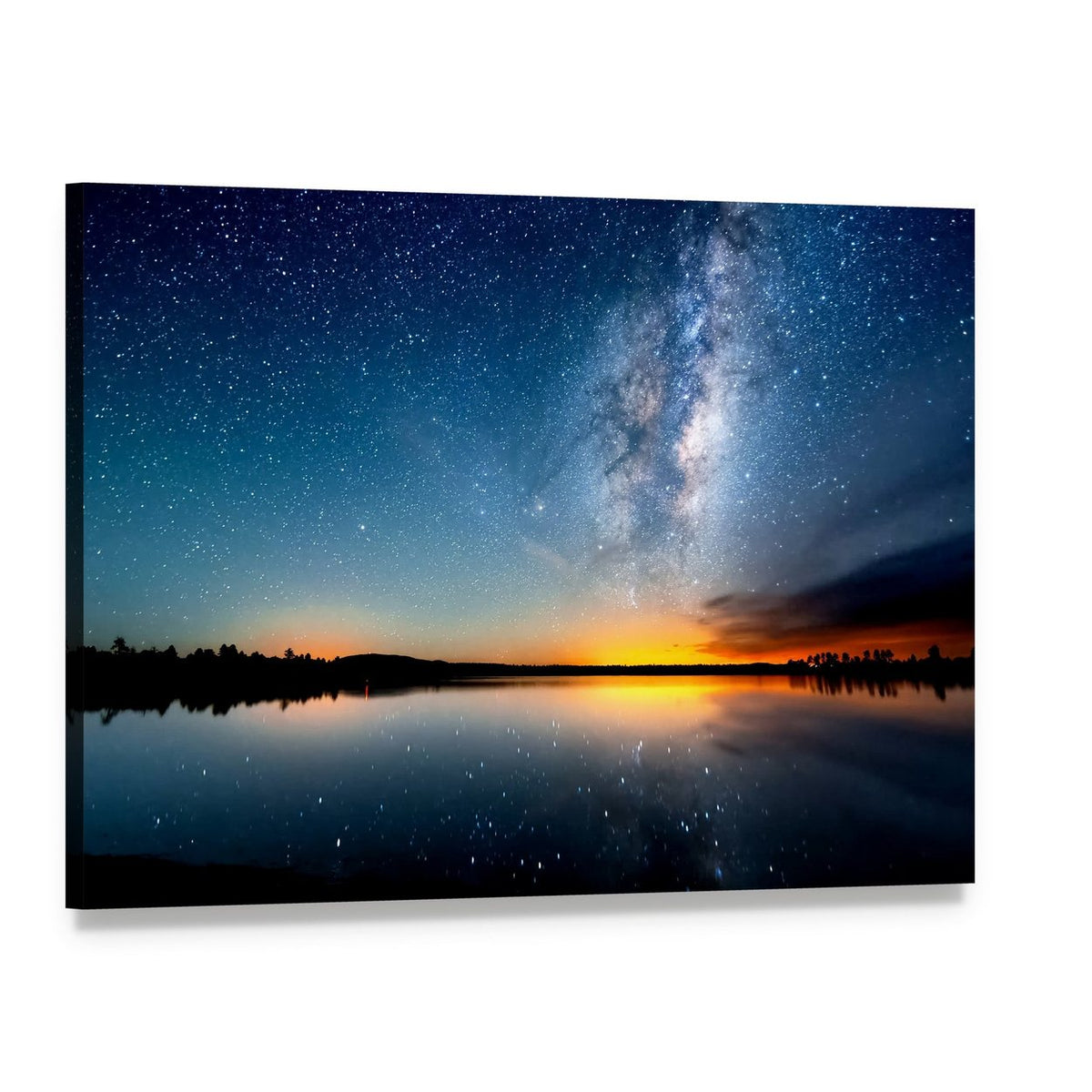 Milky Way Over Lake at Sunset Canvas Wall Art, single panel gallery wrapped canvas, angled product view