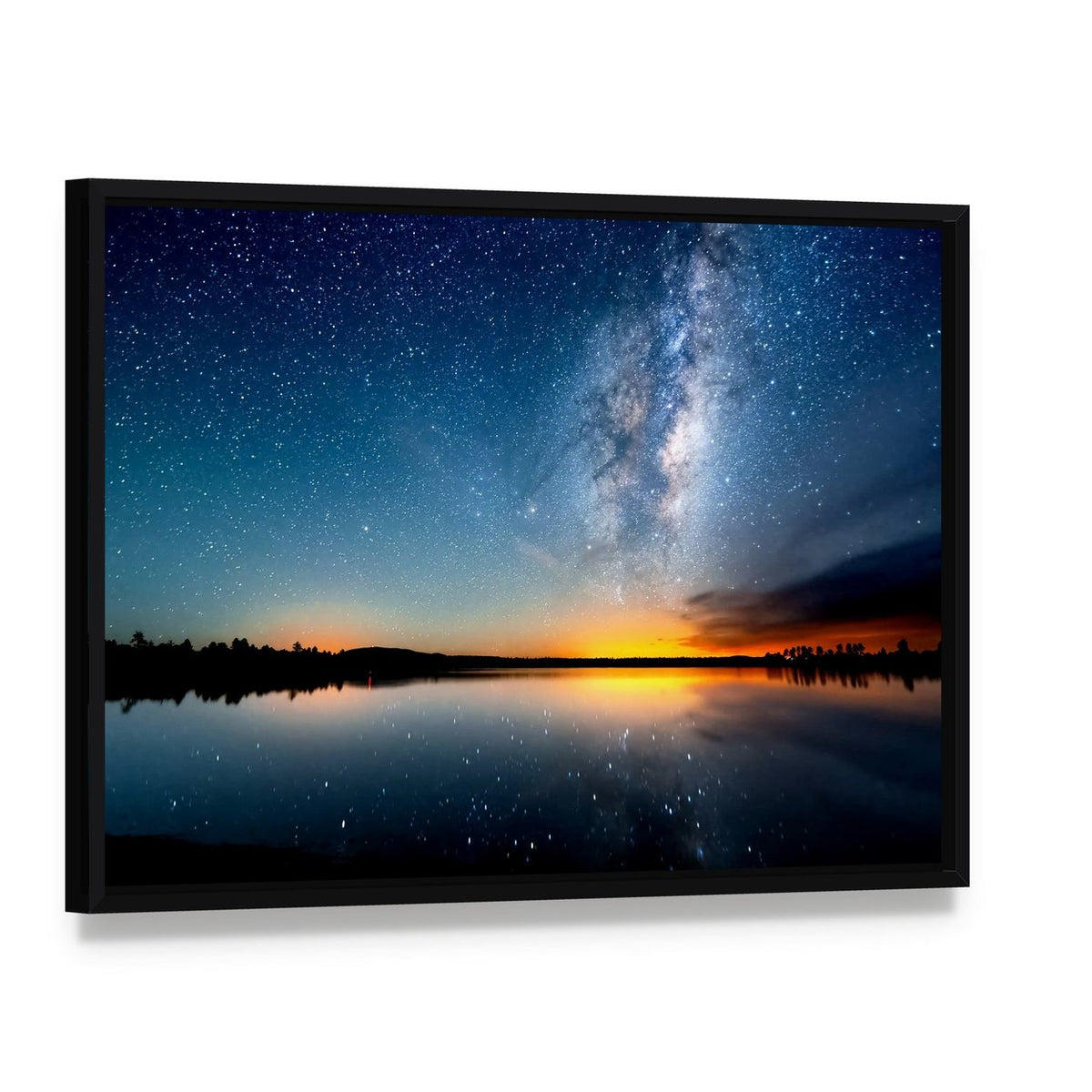 Milky Way Over Lake at Sunset Canvas Wall Art, framed canvas in a black floater frame, angled product view