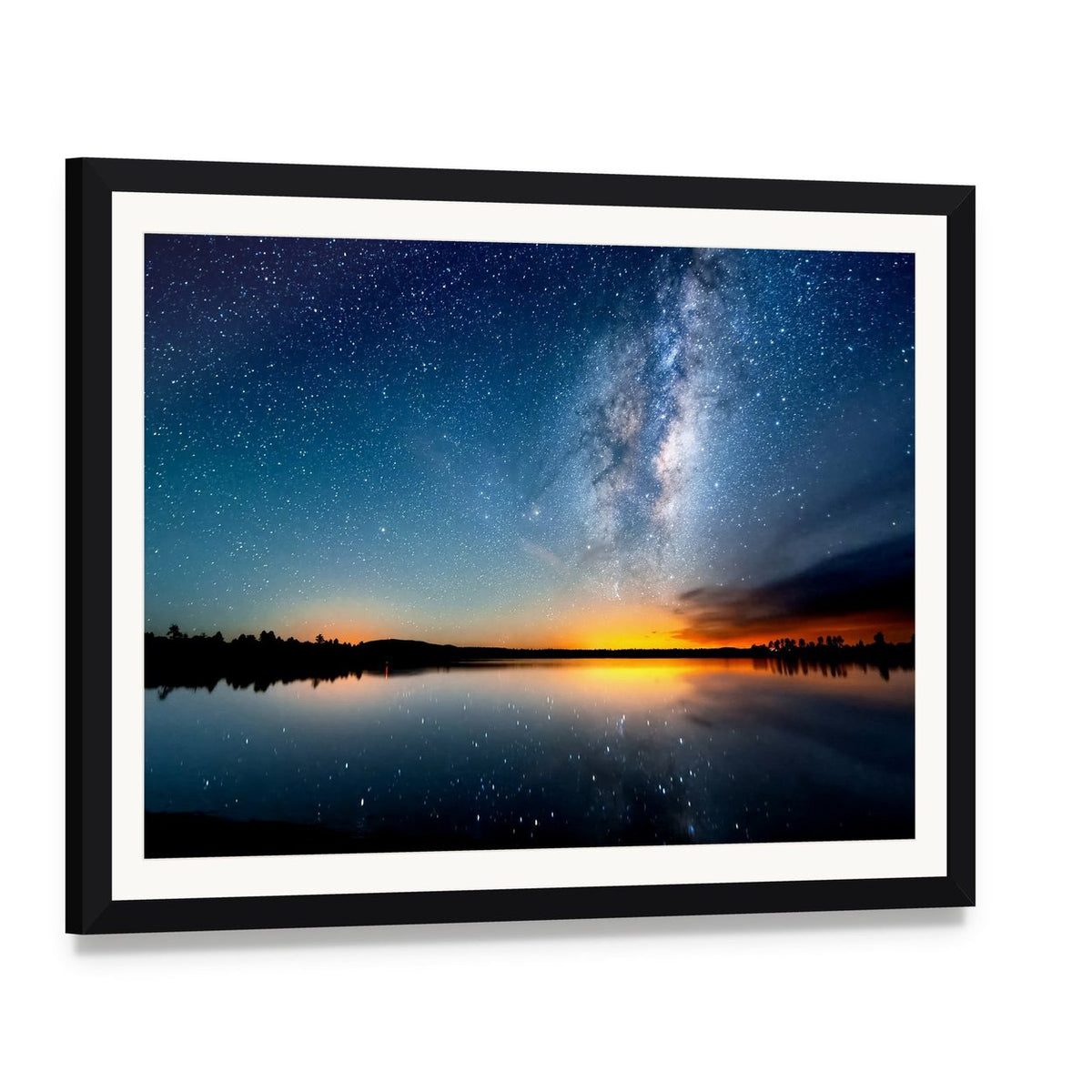 Milky Way Over Lake at Sunset Canvas Wall Art, framed print with white mat and black frame, angled product view