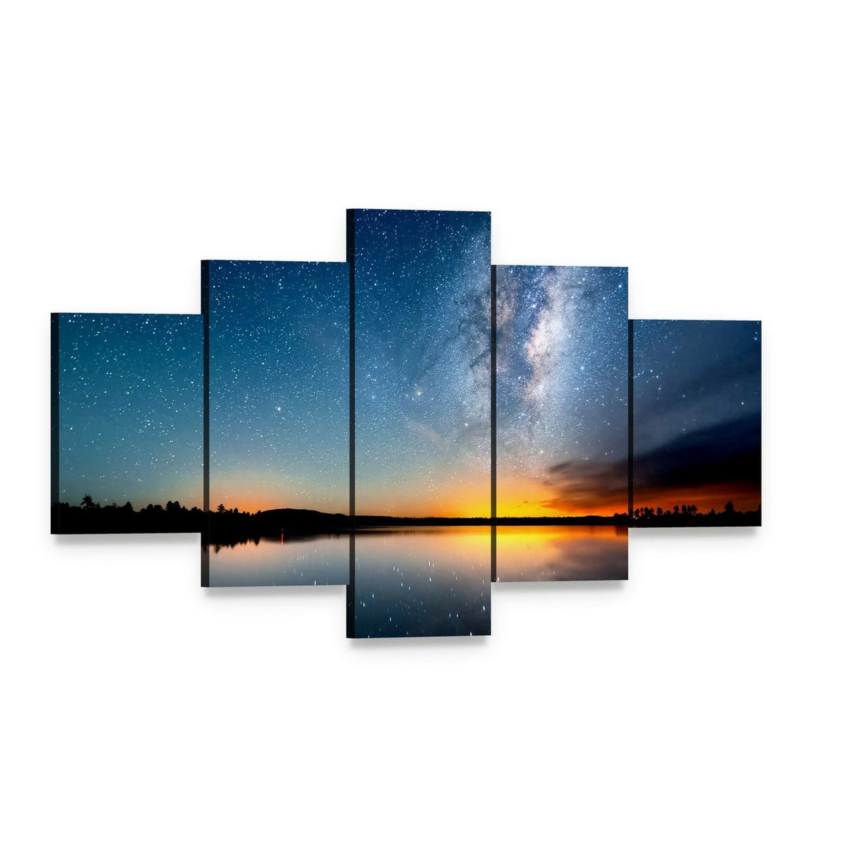Milky Way Over Lake at Sunset Canvas Wall Art, 5 panel 5 Star layout gallery wrapped canvas set, angled product view