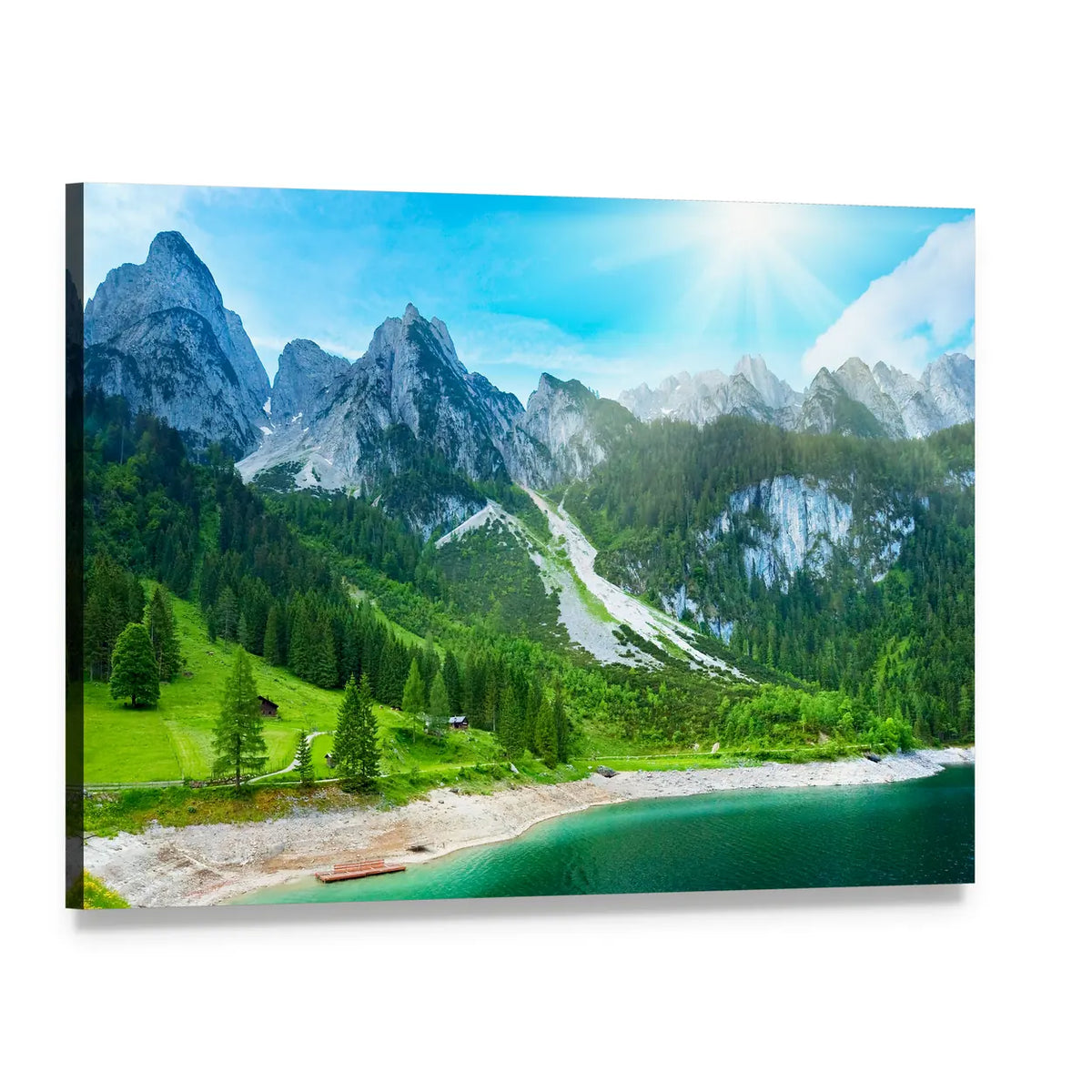 Summer Alpine Lake with Mountain Peaks Canvas Wall Art, single panel gallery wrapped canvas, angled product view