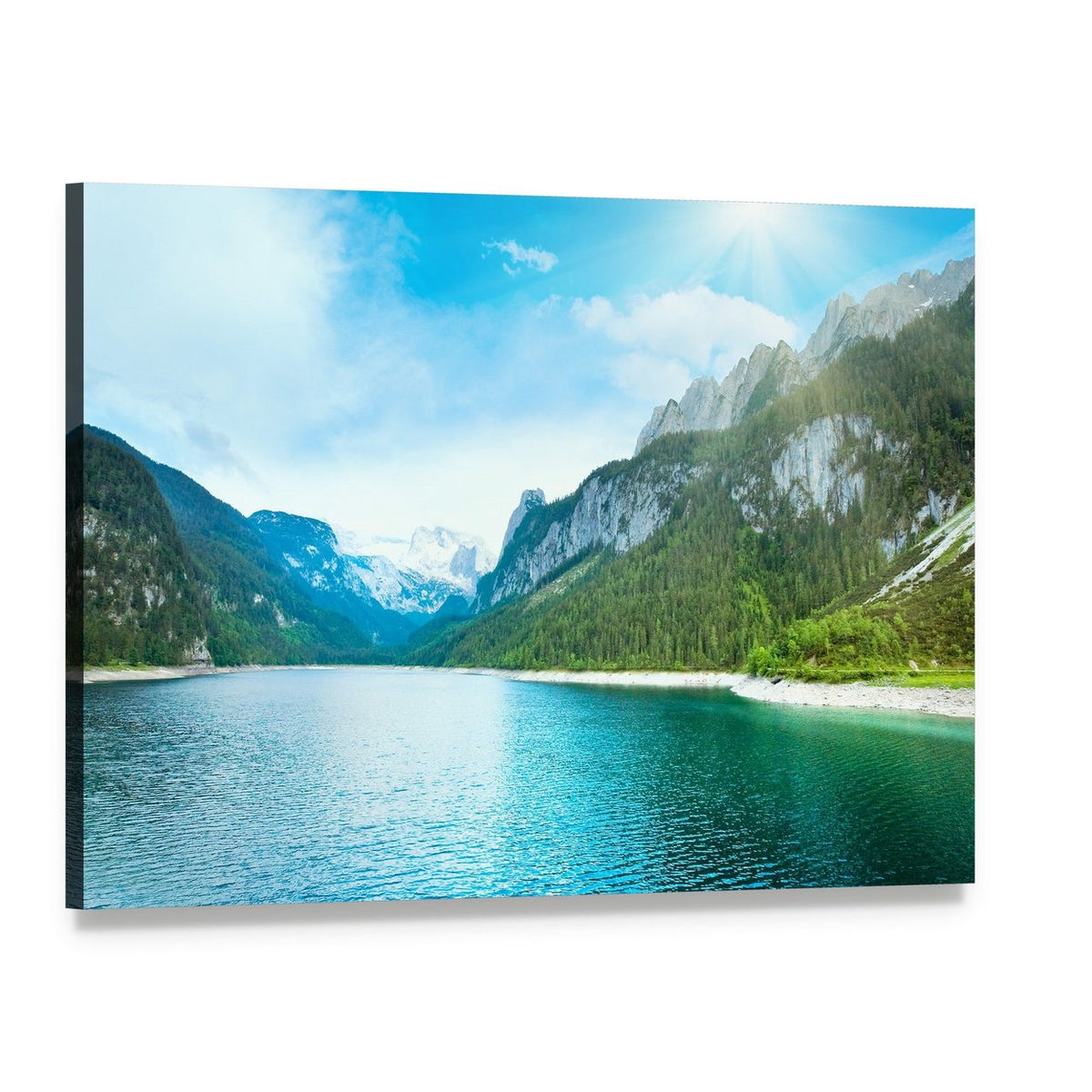 Summer Alpine Lake Gosausee View and Sunshine Canvas Wall Art, single panel gallery wrapped canvas, angled product view