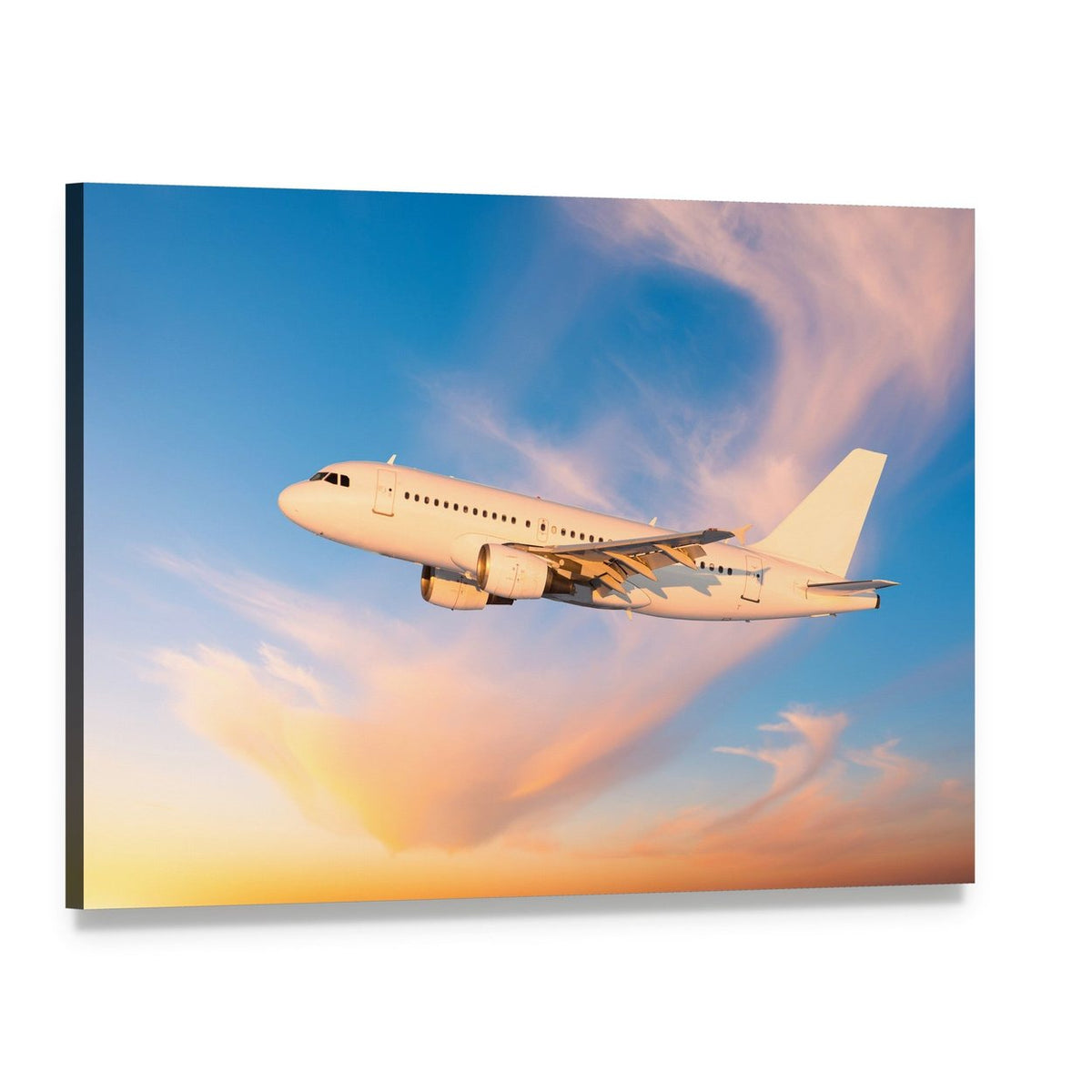 Passenger Plane in Flight Canvas Wall Art, single panel gallery wrapped canvas, angled product view