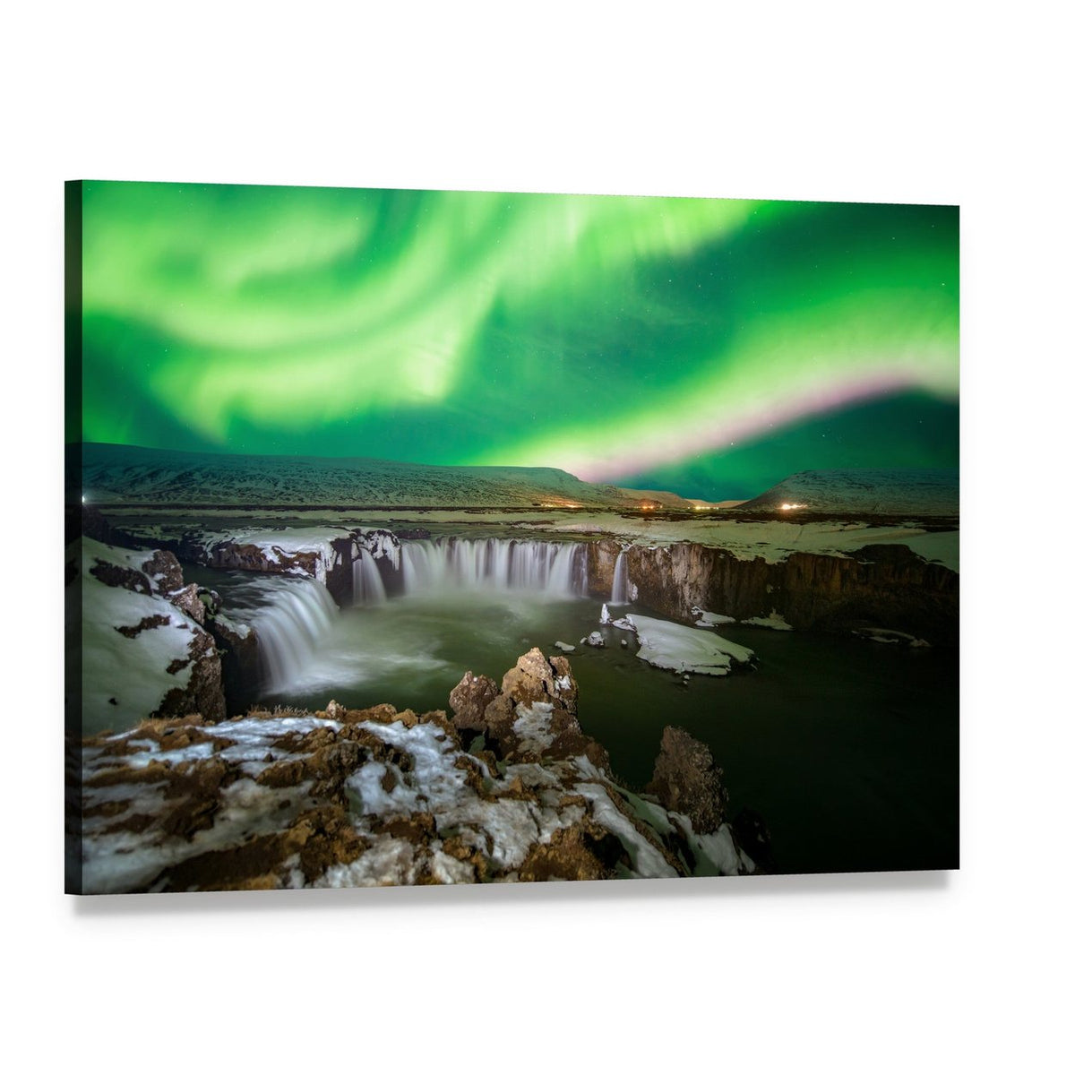 Godafoss Waterfall and Aurora Canvas Wall Art, single panel gallery wrapped canvas, angled product view