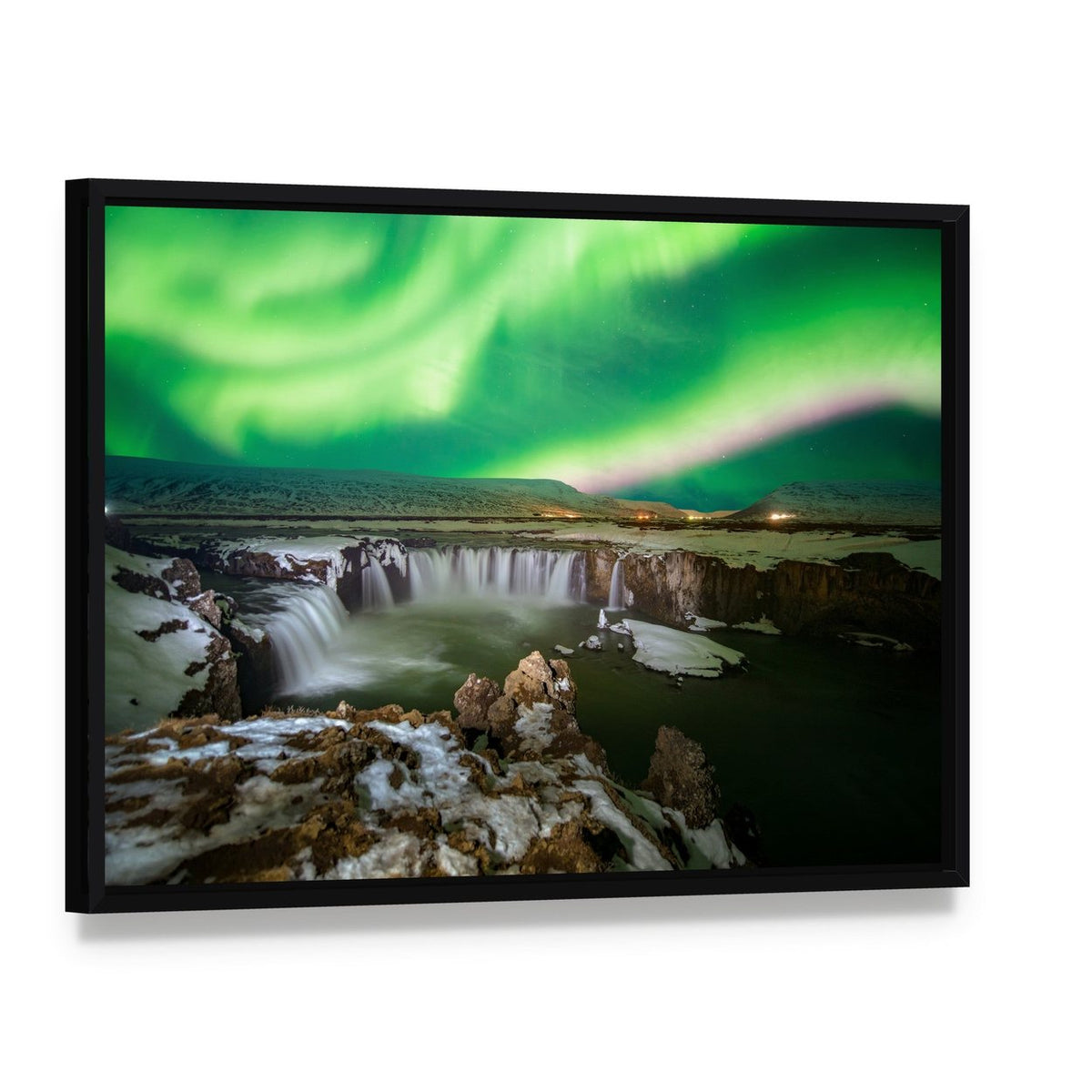 Godafoss Waterfall and Aurora Canvas Wall Art, framed canvas in a black floater frame, angled product view