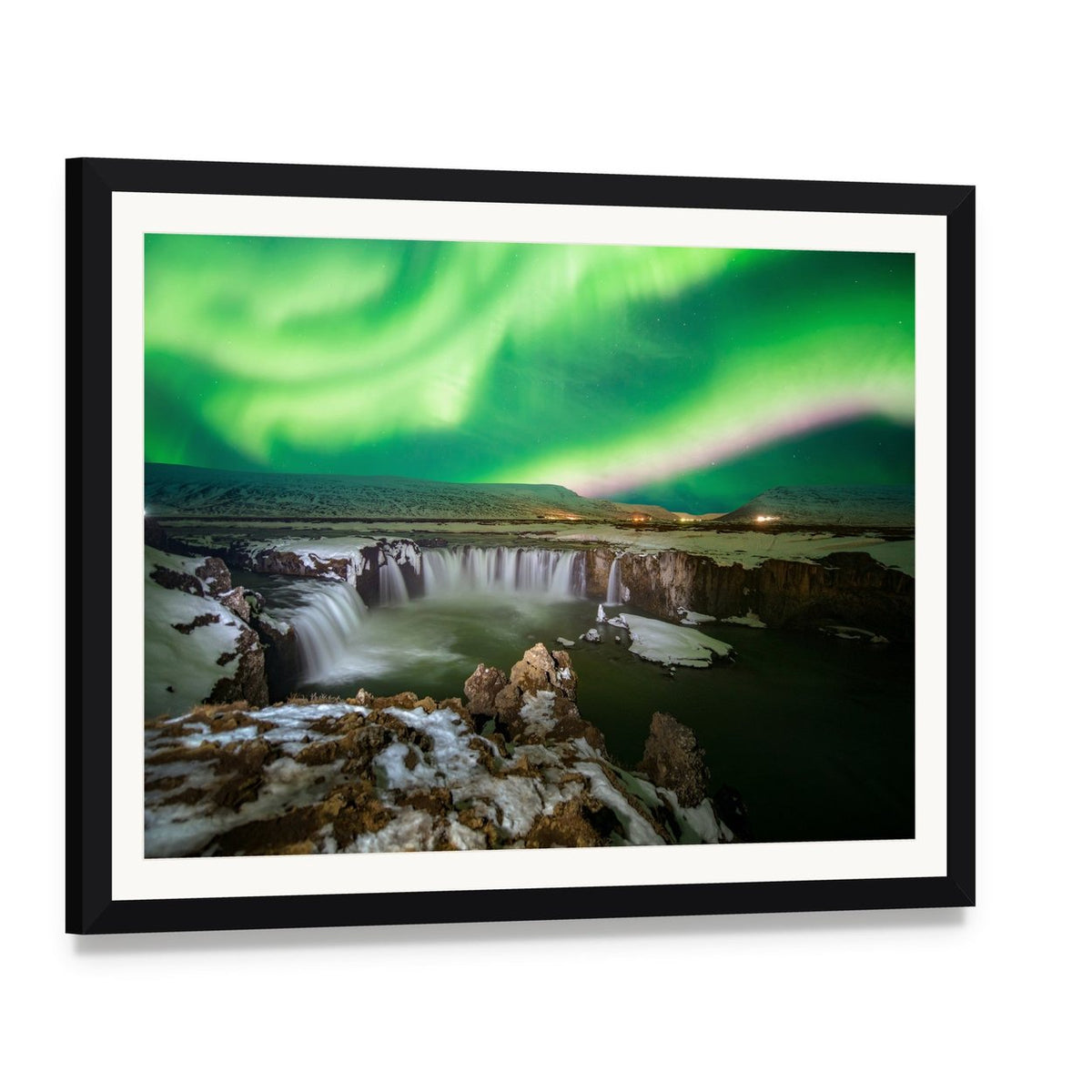Godafoss Waterfall and Aurora Canvas Wall Art, framed print with white mat and black frame, angled product view