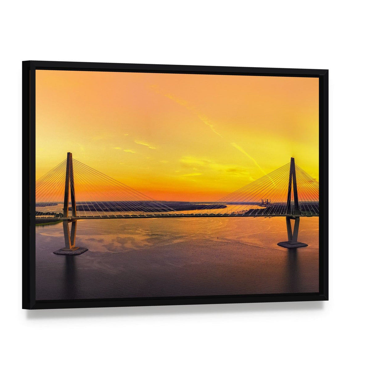 Charleston Bridge at Sunset Canvas Wall Art, framed canvas in a black floater frame, angled product view