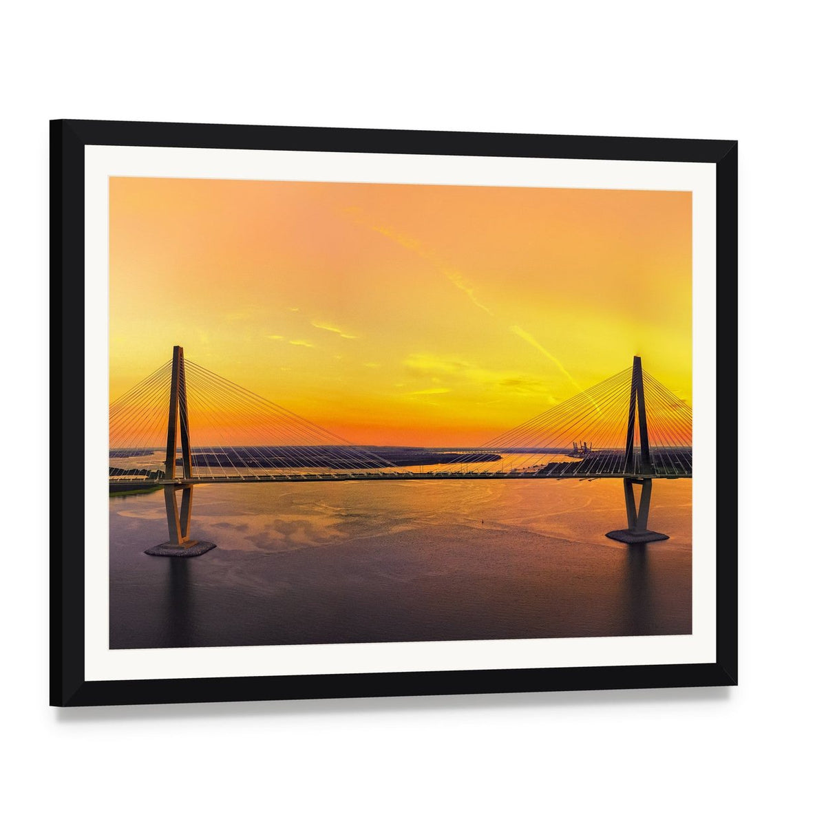 Charleston Bridge at Sunset Canvas Wall Art, framed print with white mat and black frame, angled product view