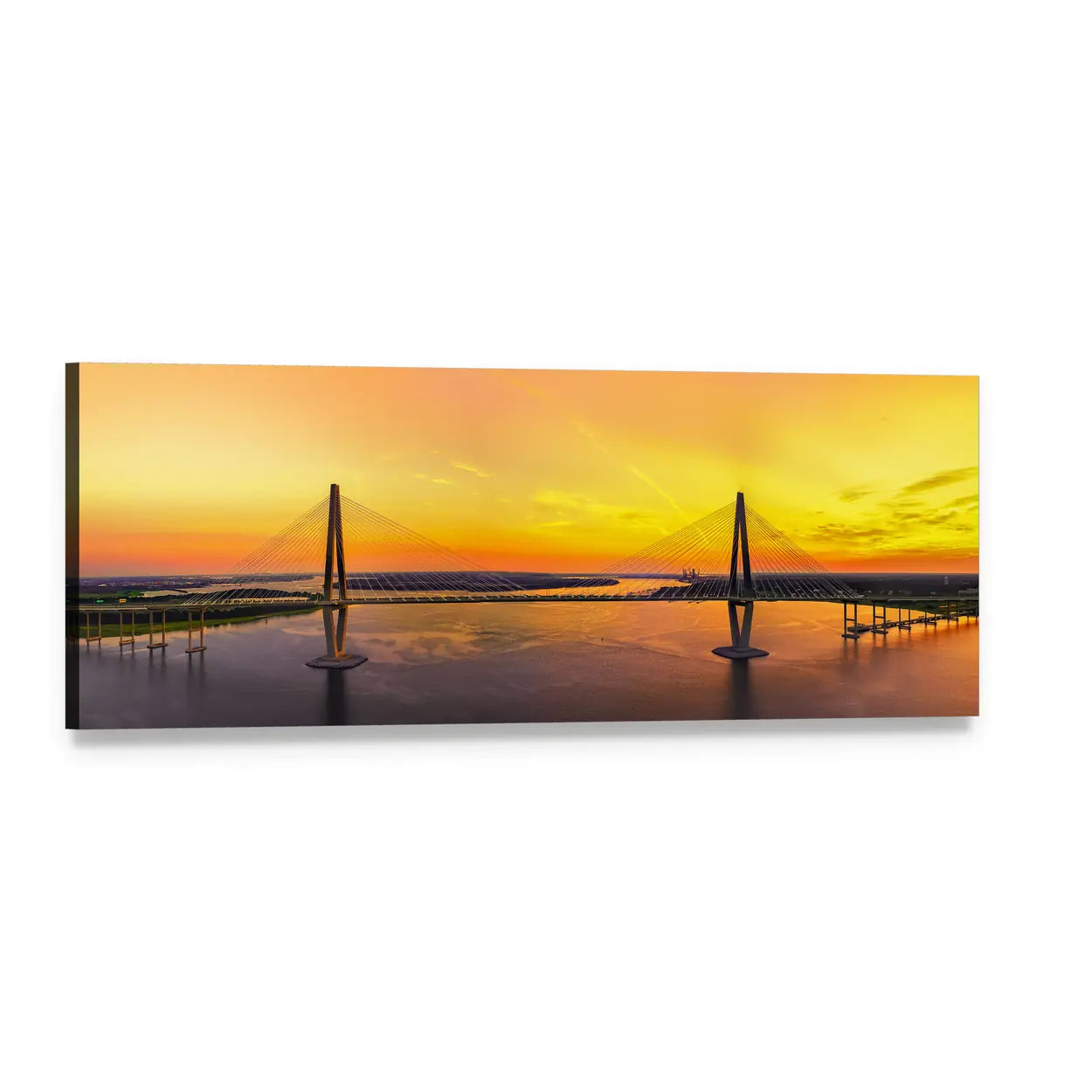 Sunset Cable-stayed Bridge Panoramic Canvas Wall Art, single panel gallery wrapped canvas, angled product view