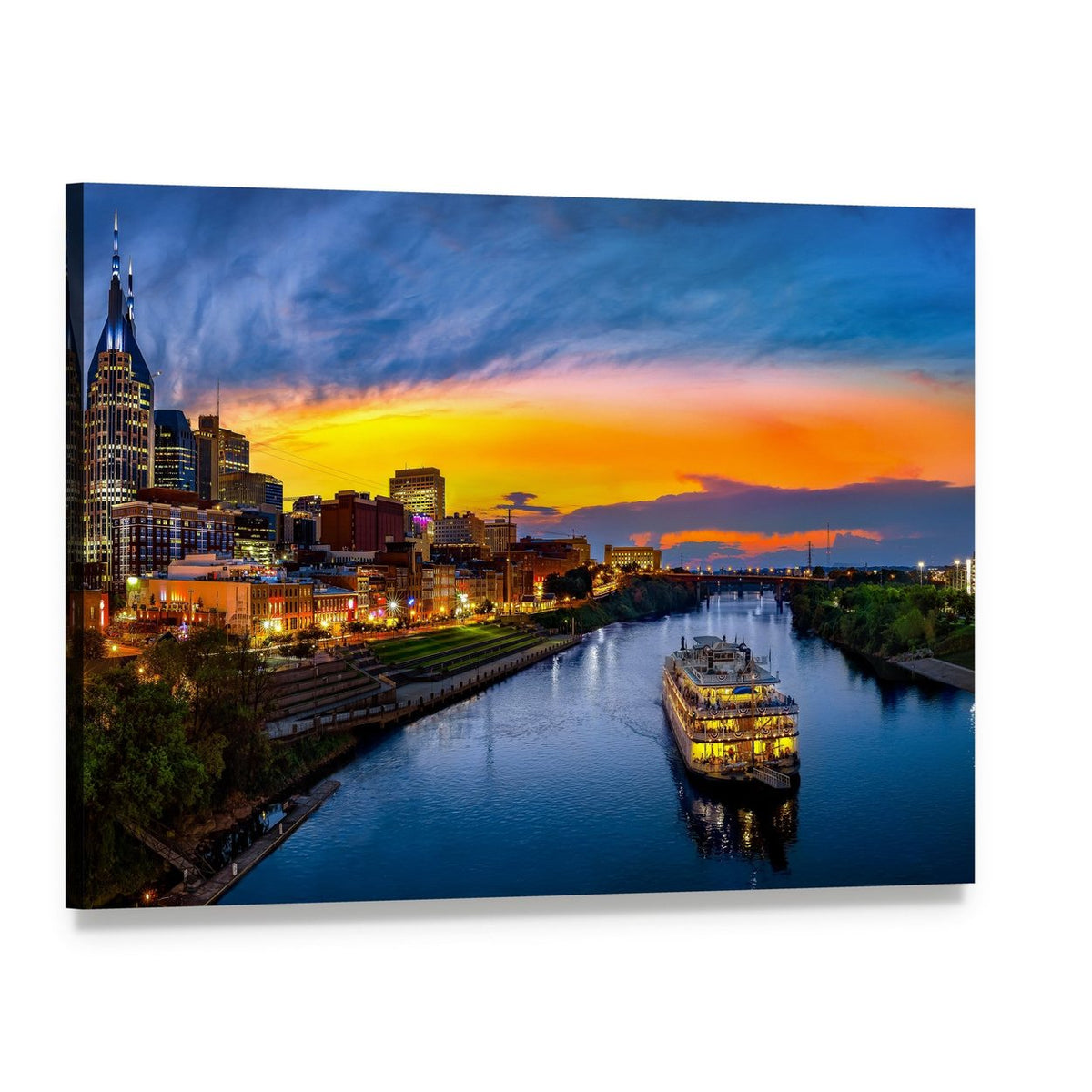 Nashville Skyline with Paddlewheel Boat Canvas Wall Art, single panel gallery wrapped canvas, angled product view
