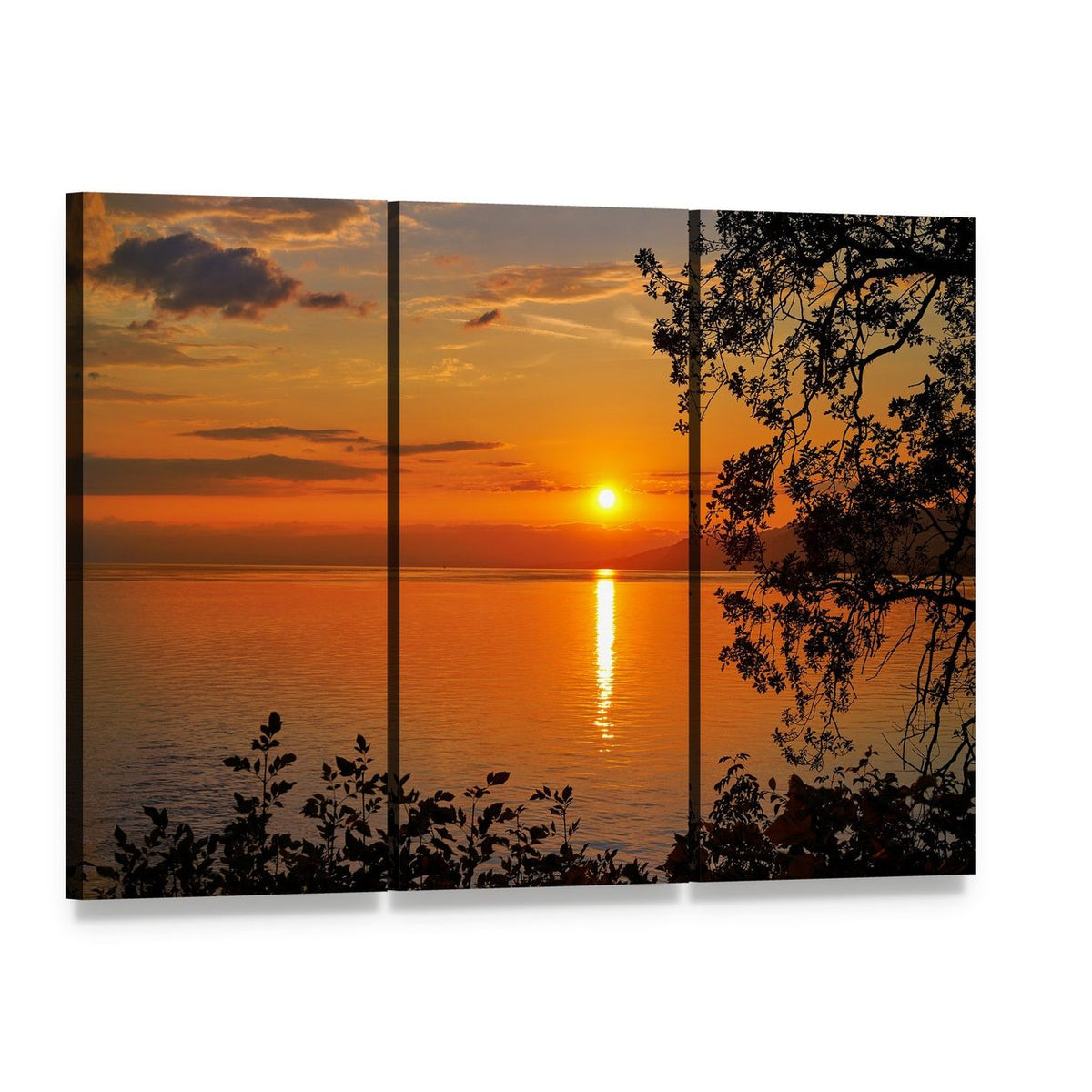 Geneva Lake at Sunset Canvas Wall Art, 3 panel 3 Horizontal layout gallery wrapped canvas set, angled product view