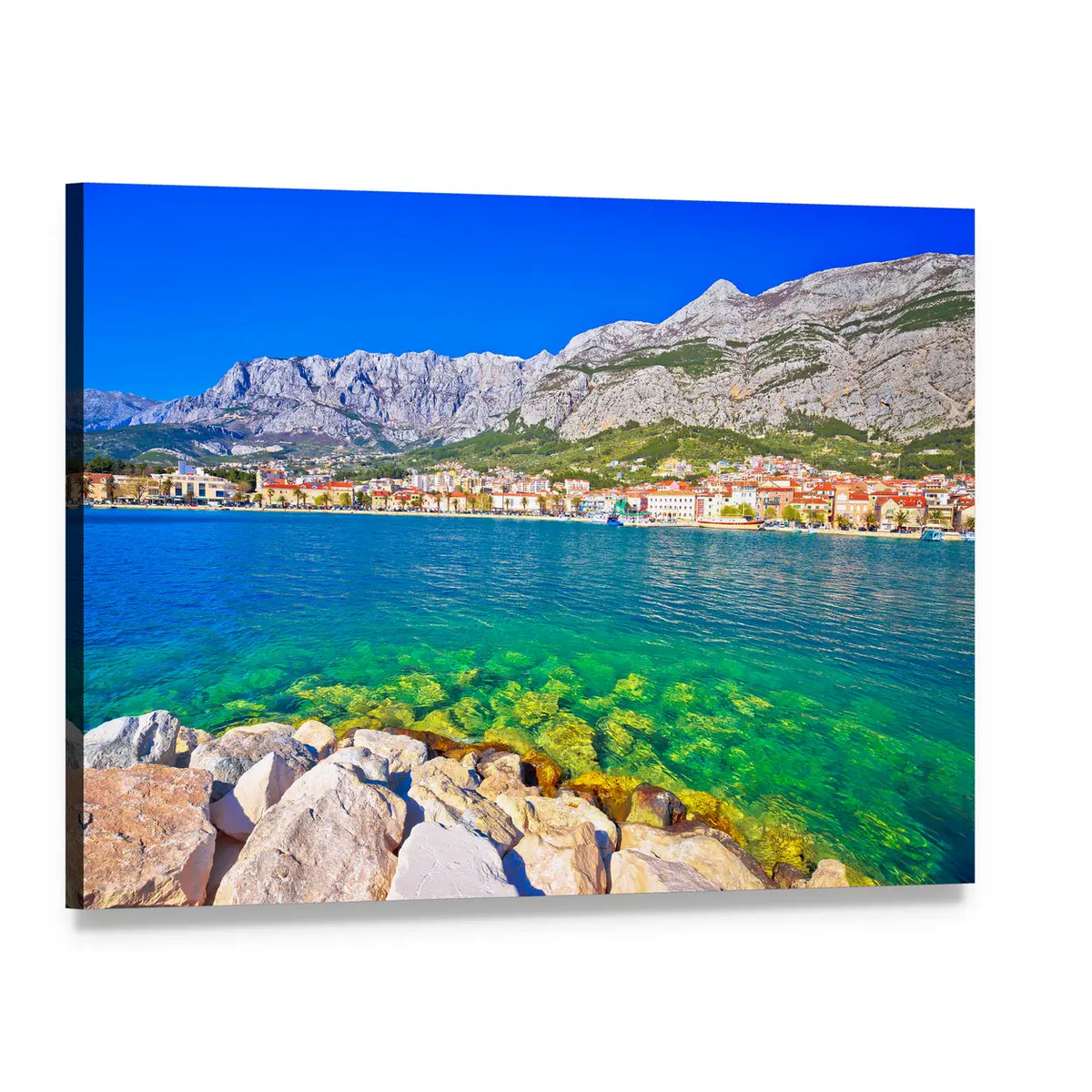 Turquoise Coastal Town with Limestone Peaks Canvas Wall Art, single panel gallery wrapped canvas, angled product view