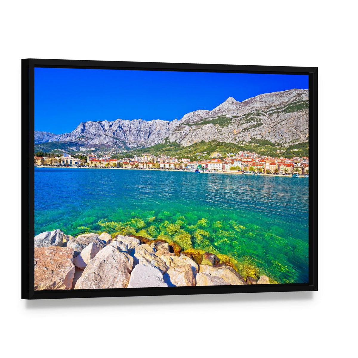 Makarska Turquoise Waterfront Seascape Canvas Wall Art, framed canvas in a black floater frame, angled product view