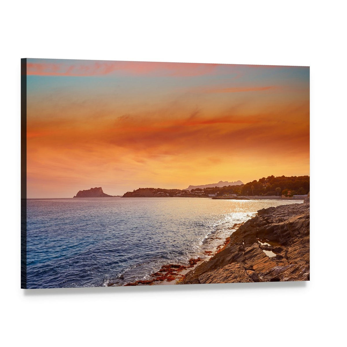 Sunset Over Rocky Shore Canvas Wall Art, single panel gallery wrapped canvas, angled product view