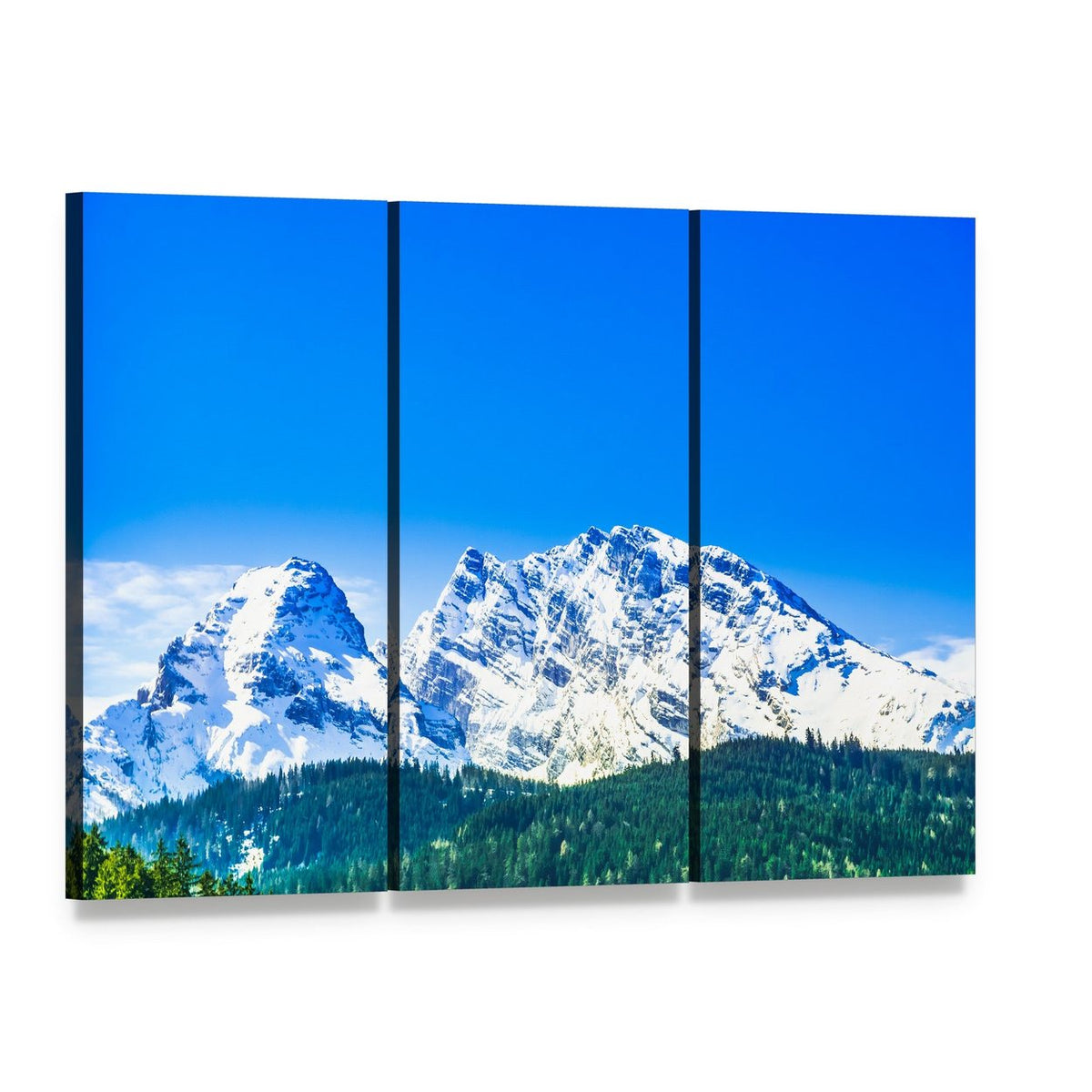 Snowy Mountain and Evergreen Forest View Canvas Wall Art, 3 panel 3 Horizontal layout gallery wrapped canvas set, angled product view