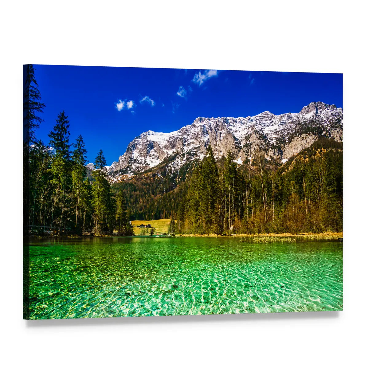 Hintersee Lake with Alpine Mountains Canvas Wall Art, single panel gallery wrapped canvas, angled product view