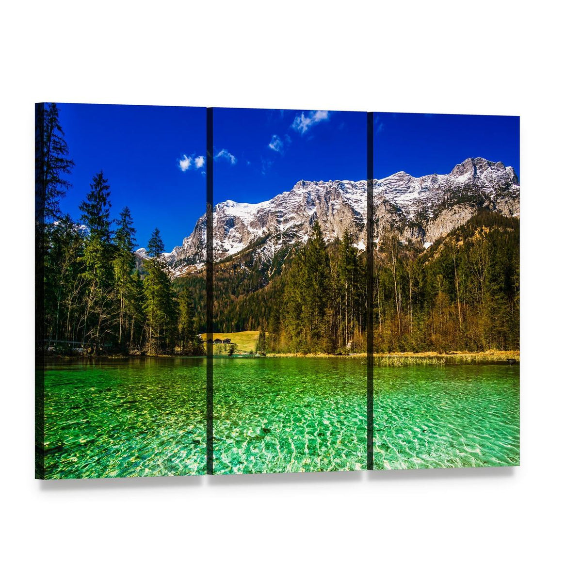 Alpine Lake with Snow-capped Mountain Canvas Wall Art, 3 panel 3 Horizontal layout gallery wrapped canvas set, angled product view