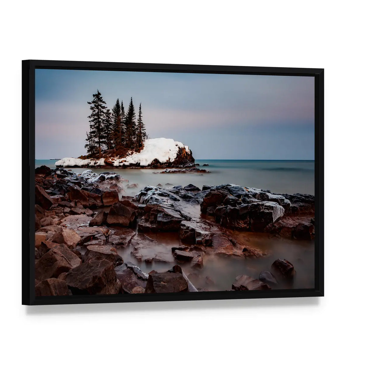 Lake Superior in Minnesota Canvas Wall Art, framed canvas in a black floater frame, angled product view