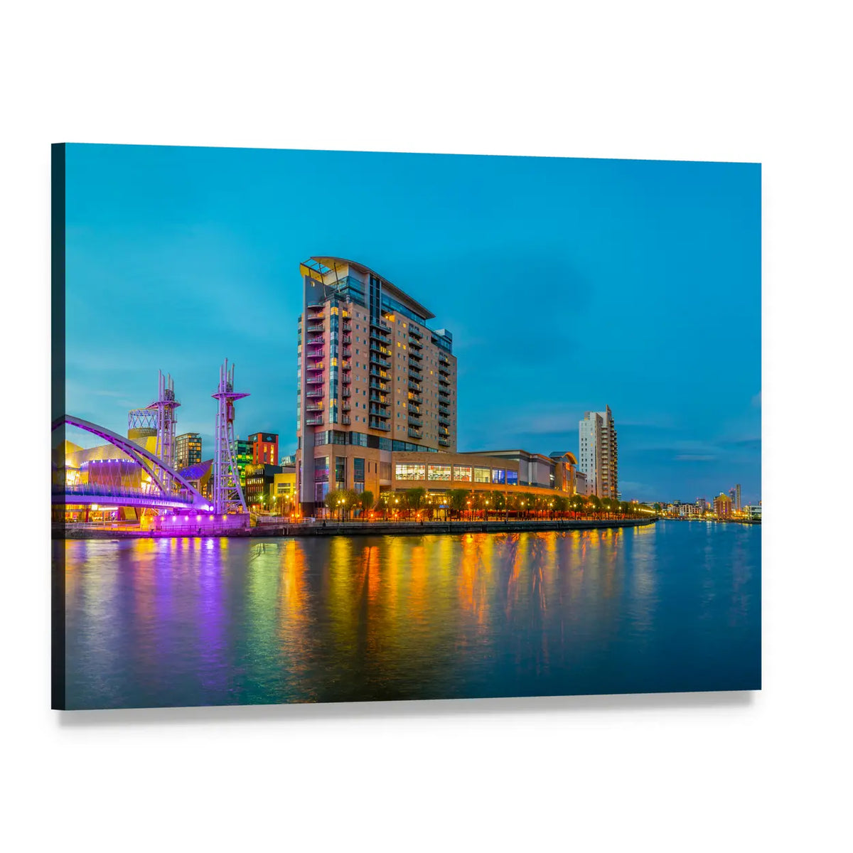 Lowry Theater Manchester Waterfront Skyline Canvas Wall Art, single panel gallery wrapped canvas, angled product view