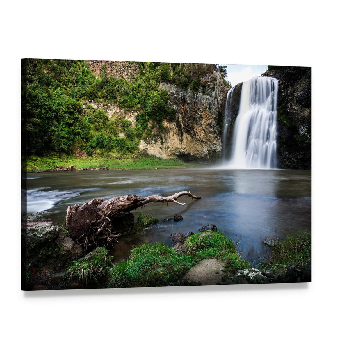 Hunua Waterfall Landscape Canvas Wall Art, single panel gallery wrapped canvas, angled product view
