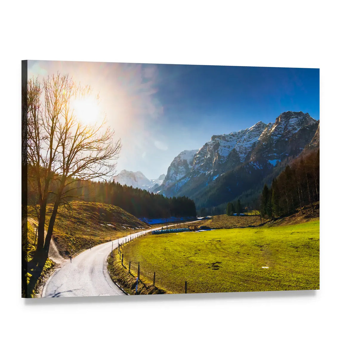 Spring Road to Snow-capped Mountains Canvas Wall Art, single panel gallery wrapped canvas, angled product view