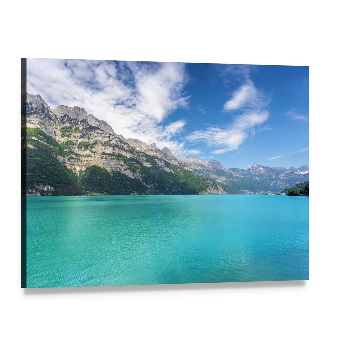 Turquoise Mountain Lake Landscape Canvas Wall Art, single panel gallery wrapped canvas, angled product view