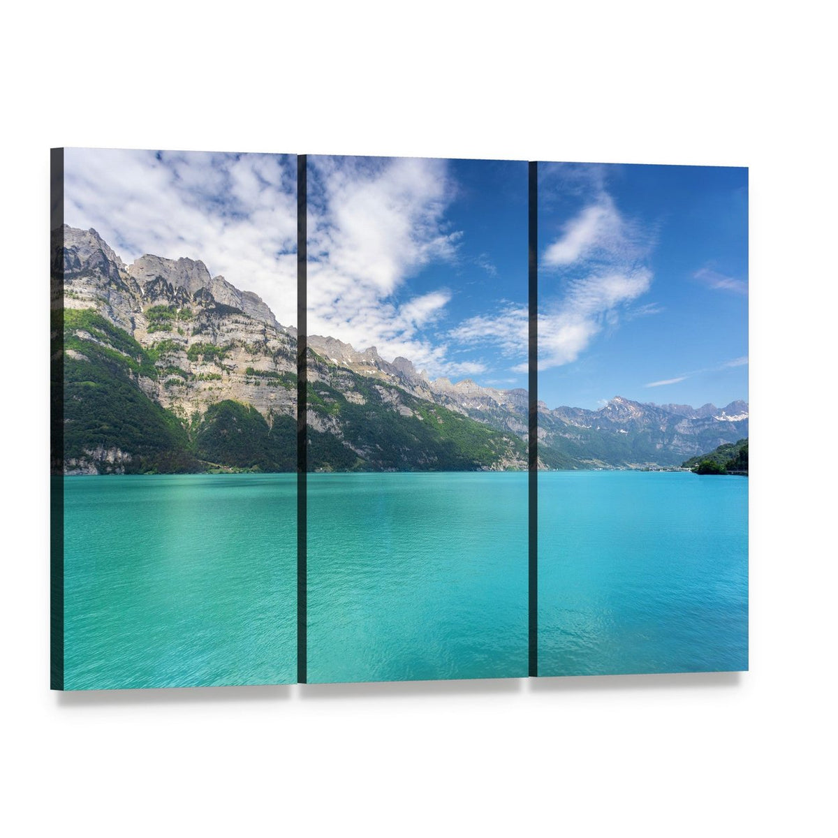 Turquoise Mountain Lake Landscape Canvas Wall Art, 3 panel 3 Horizontal layout gallery wrapped canvas set, angled product view