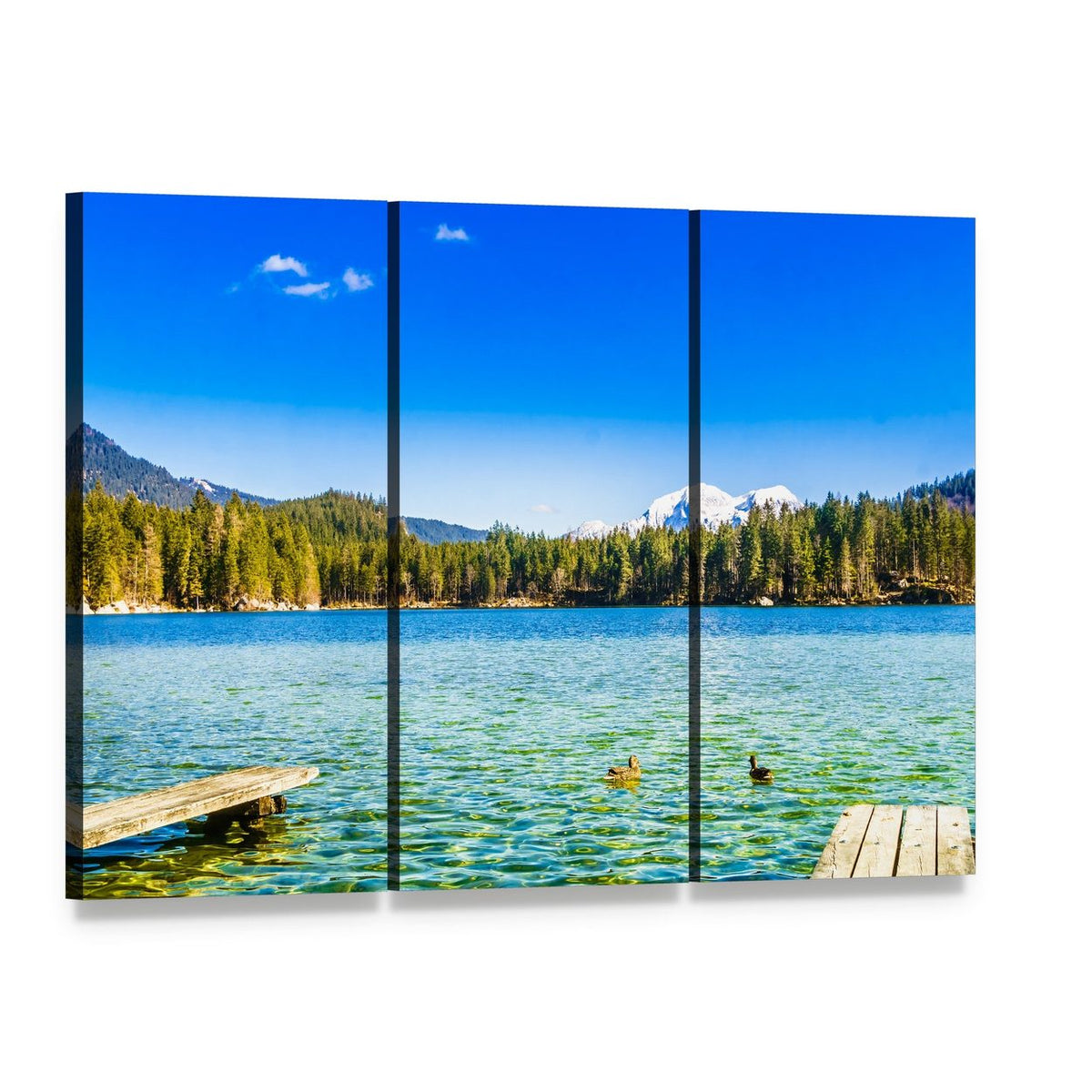 Lake Hintersee Landscape Canvas Wall Art, 3 panel 3 Horizontal layout gallery wrapped canvas set, angled product view