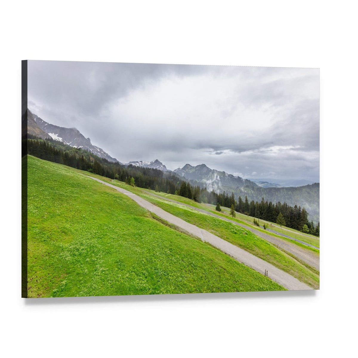 Misty Mountains with Fields and Forest Canvas Wall Art, single panel gallery wrapped canvas, angled product view