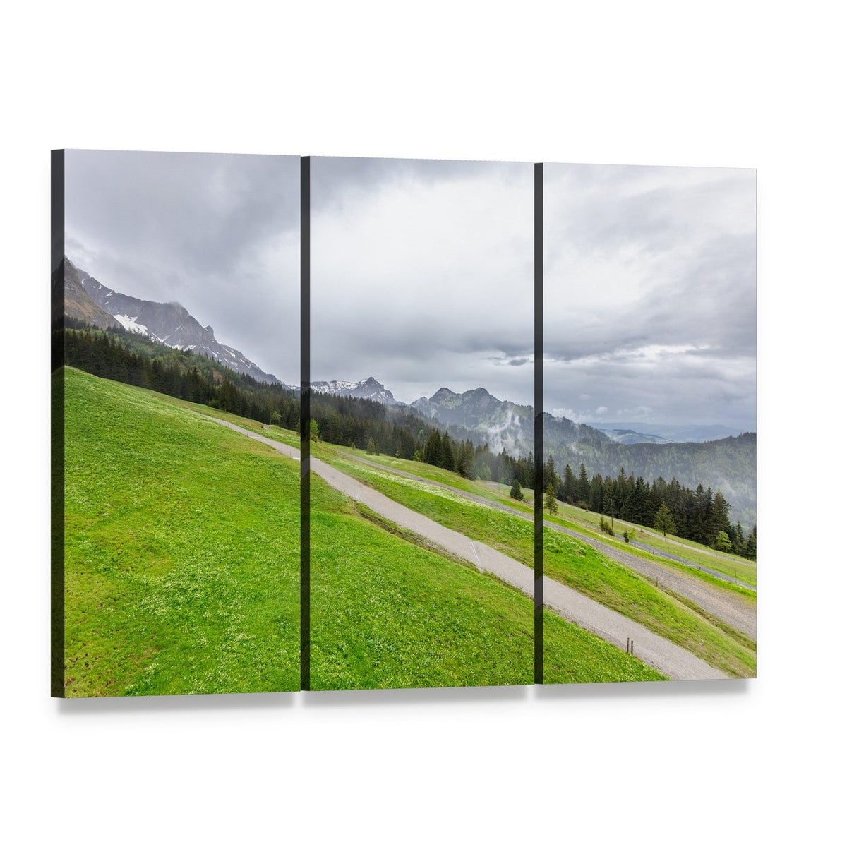 Misty Mountains with Fields and Forest Canvas Wall Art, 3 panel 3 Horizontal layout gallery wrapped canvas set, angled product view