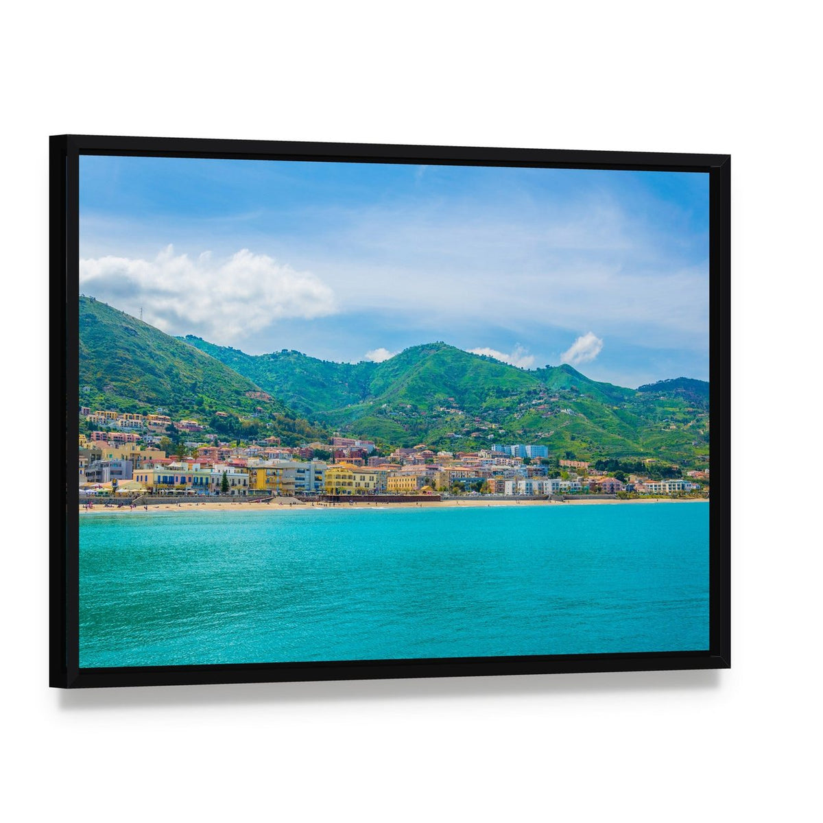 Cefalu Lake View with Colorful Coastal Town Canvas Wall Art, framed canvas in a black floater frame, angled product view