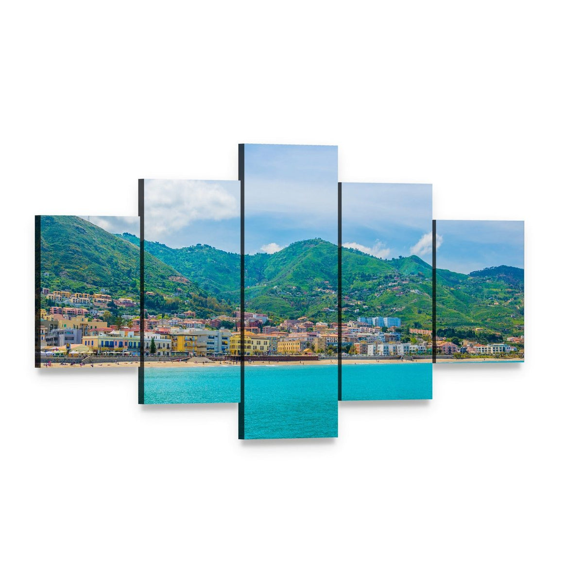 Cefalu Lake View with Colorful Coastal Town Canvas Wall Art, 5 panel 5 Star layout gallery wrapped canvas set, angled product view