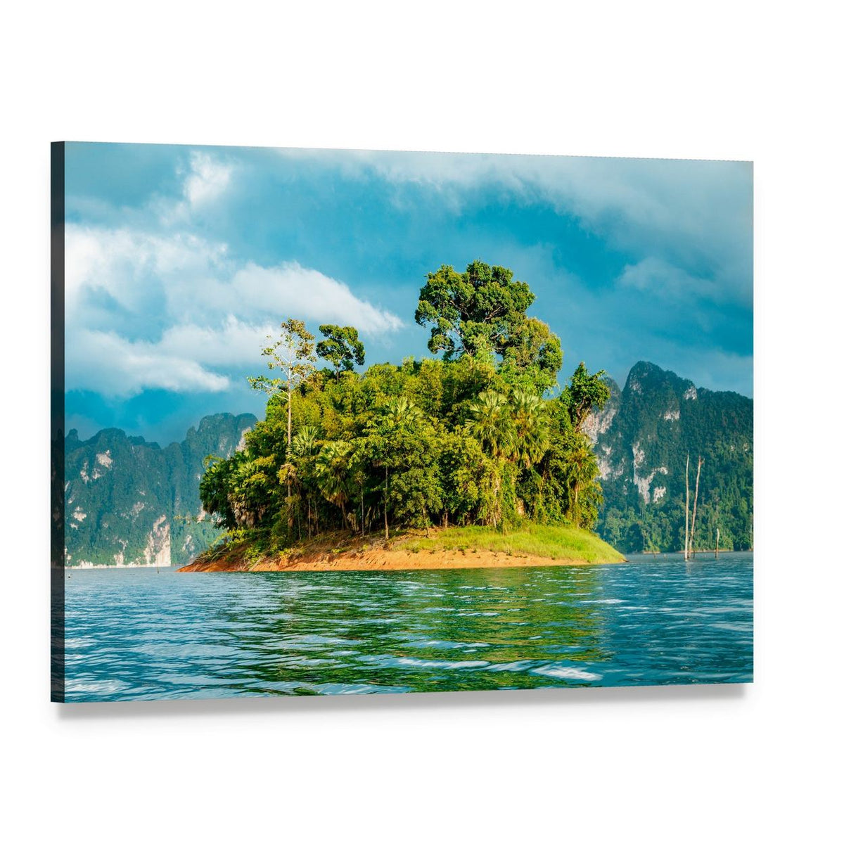 Small Island on Turquoise Lake Canvas Wall Art, single panel gallery wrapped canvas, angled product view
