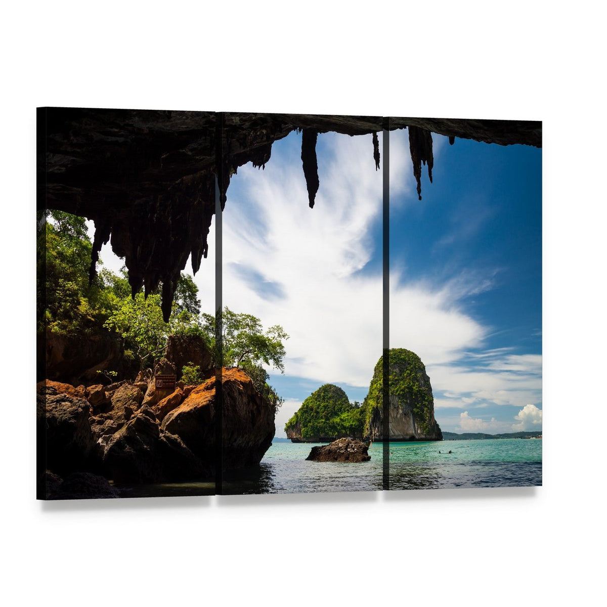 Cave View Over Turquoise Beach Canvas Wall Art, 3 panel 3 Horizontal layout gallery wrapped canvas set, angled product view