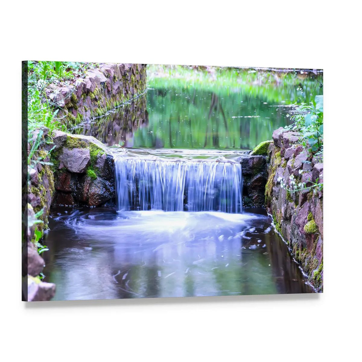 Small Waterfall in the Forest Canvas Wall Art, single panel gallery wrapped canvas, angled product view
