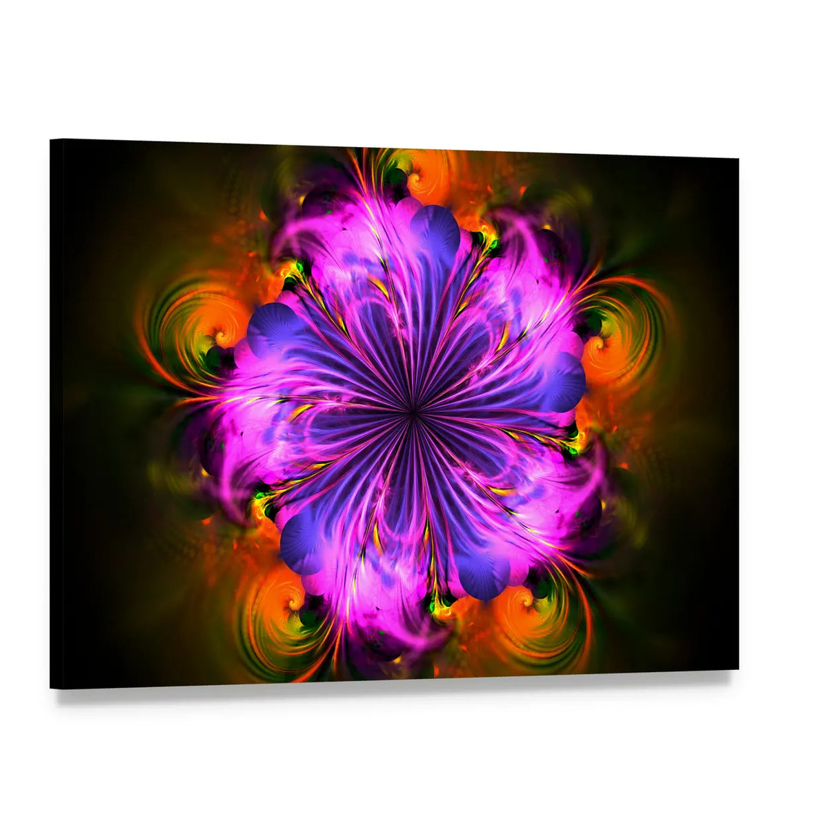 Magenta Fractal Flower Burst Canvas Wall Art, single panel gallery wrapped canvas, angled product view