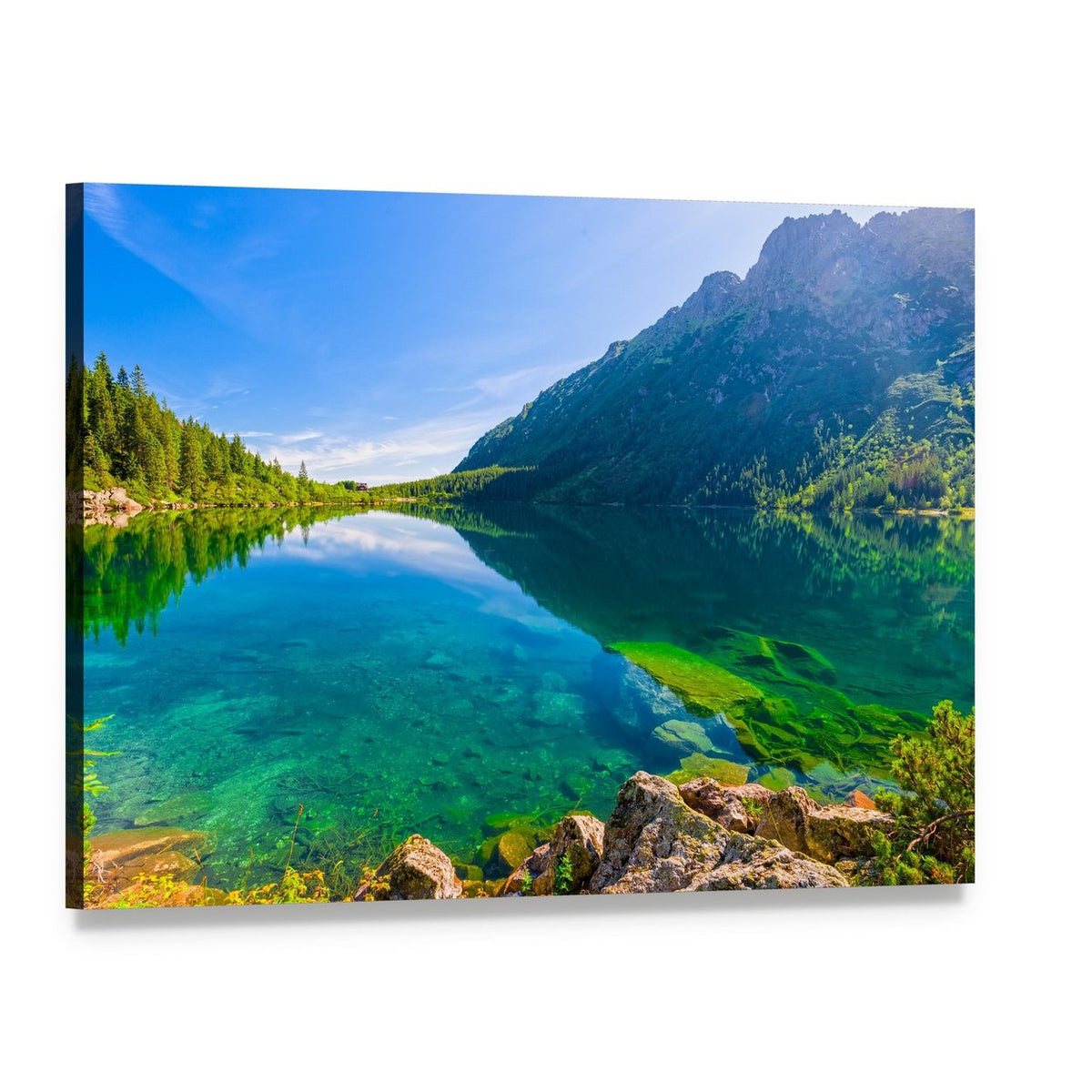 Clear Mountain Lake with Green Algae Canvas Wall Art, single panel gallery wrapped canvas, angled product view