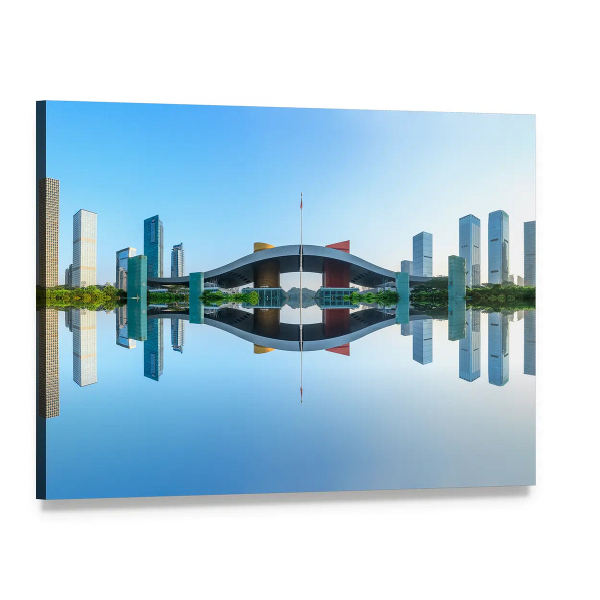 Modern City Reflection in Water Canvas Wall Art, single panel gallery wrapped canvas, angled product view
