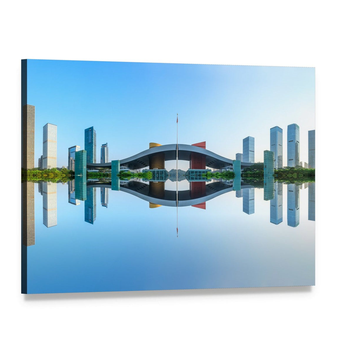 Modern City Reflection in Water Canvas Wall Art, single panel gallery wrapped canvas, angled product view