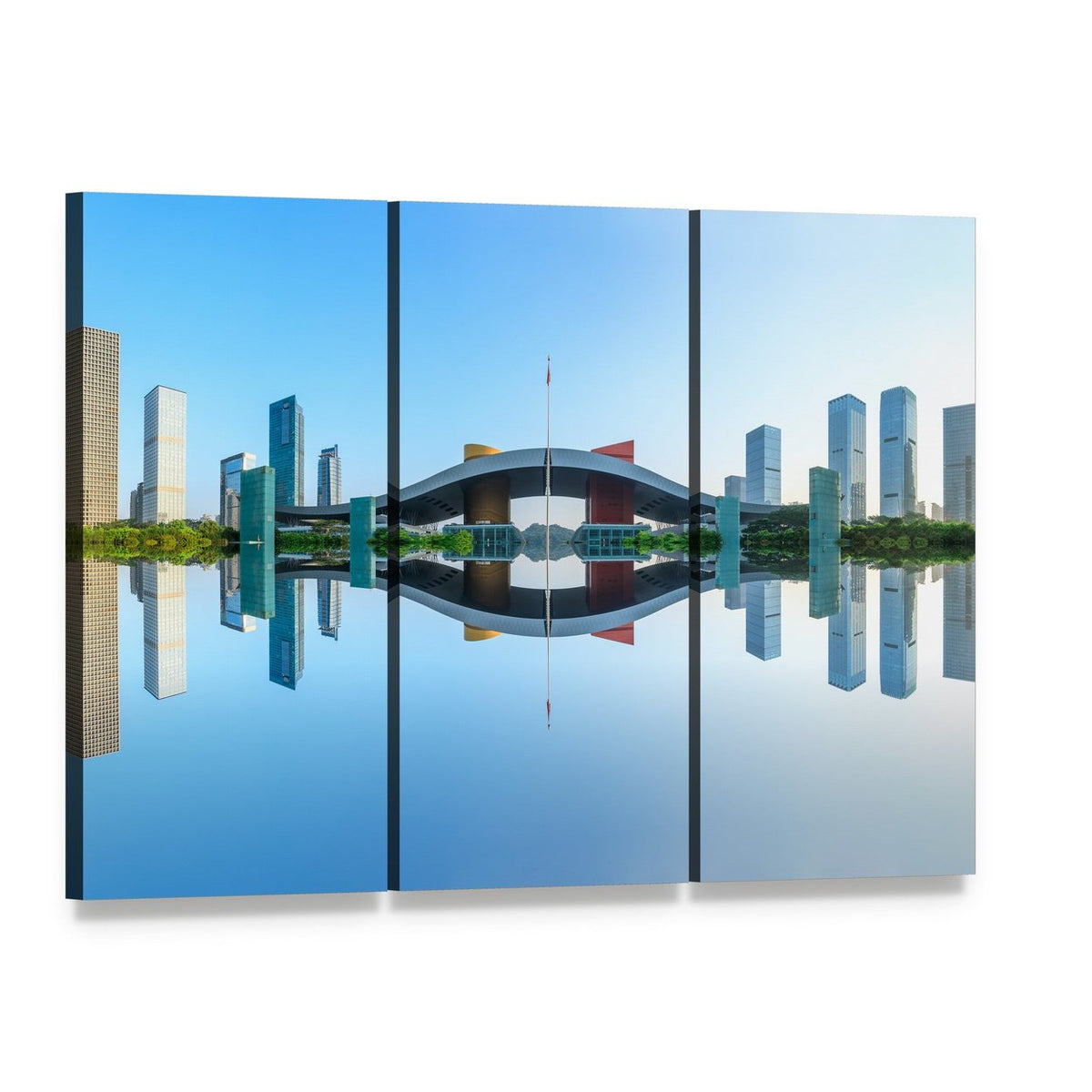 Modern City Reflection in Water Canvas Wall Art, 3 panel 3 Horizontal layout gallery wrapped canvas set, angled product view