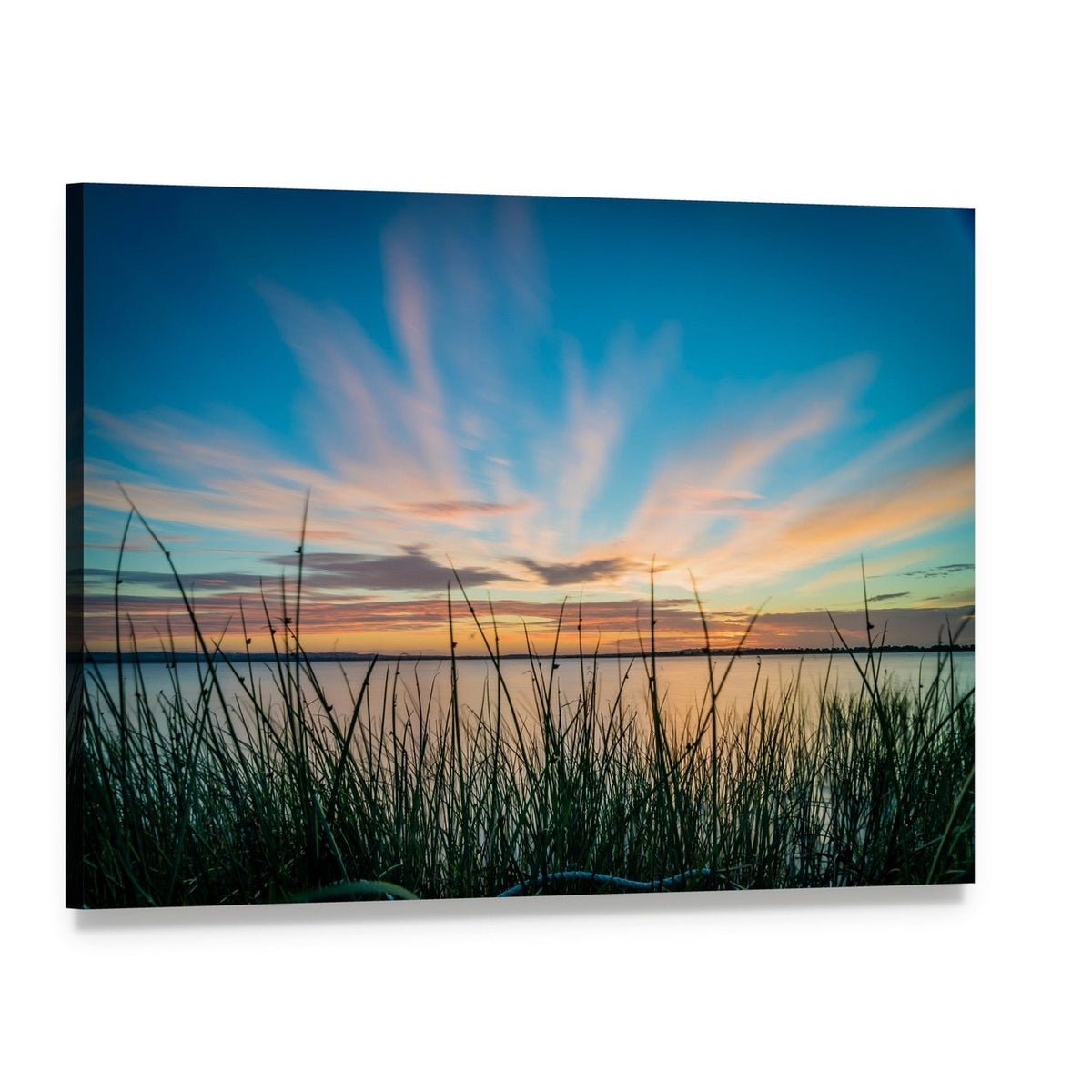 Blue Sky and Sunset Over Lake Canvas Wall Art, single panel gallery wrapped canvas, angled product view