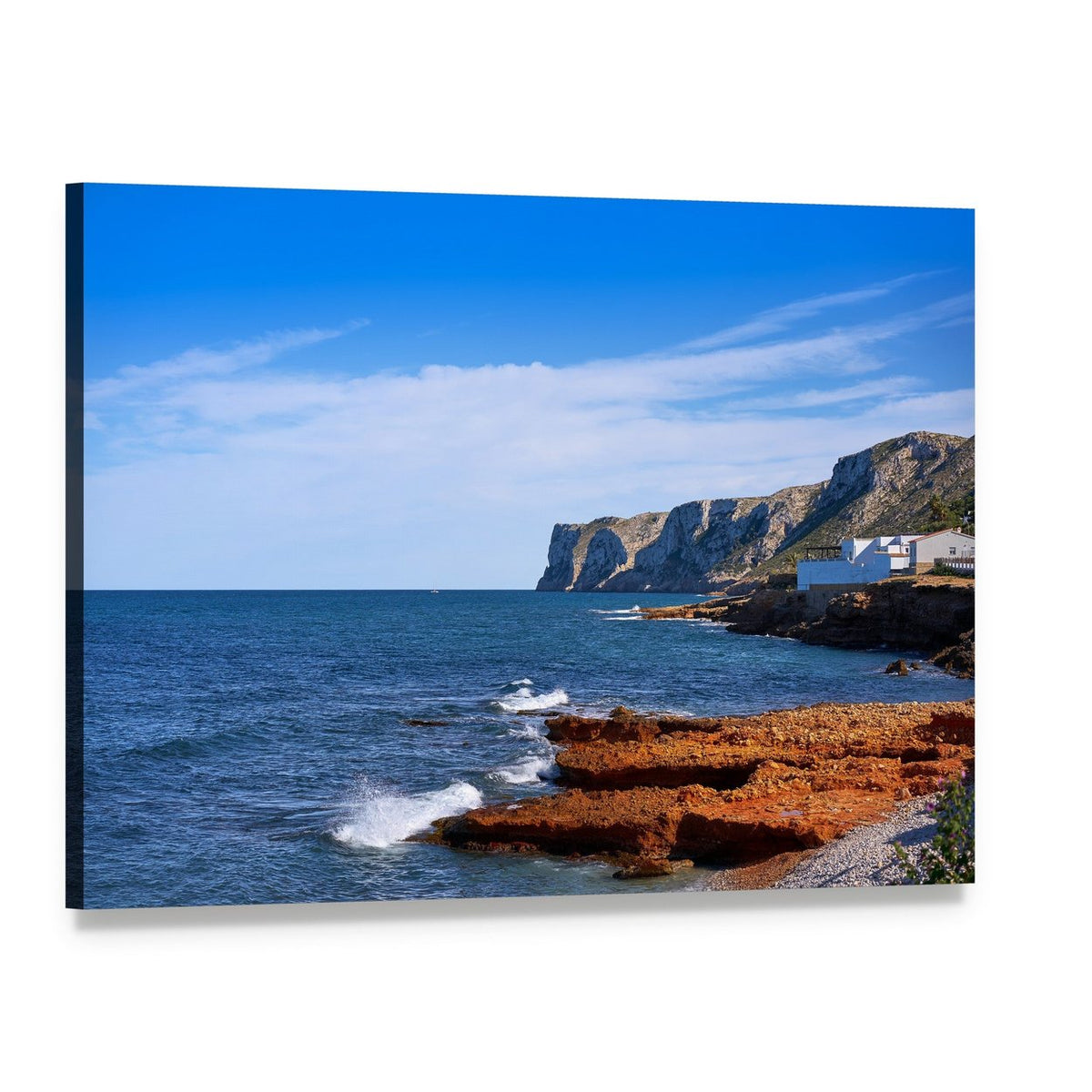 Cliffside Beach with White House Canvas Wall Art, single panel gallery wrapped canvas, angled product view